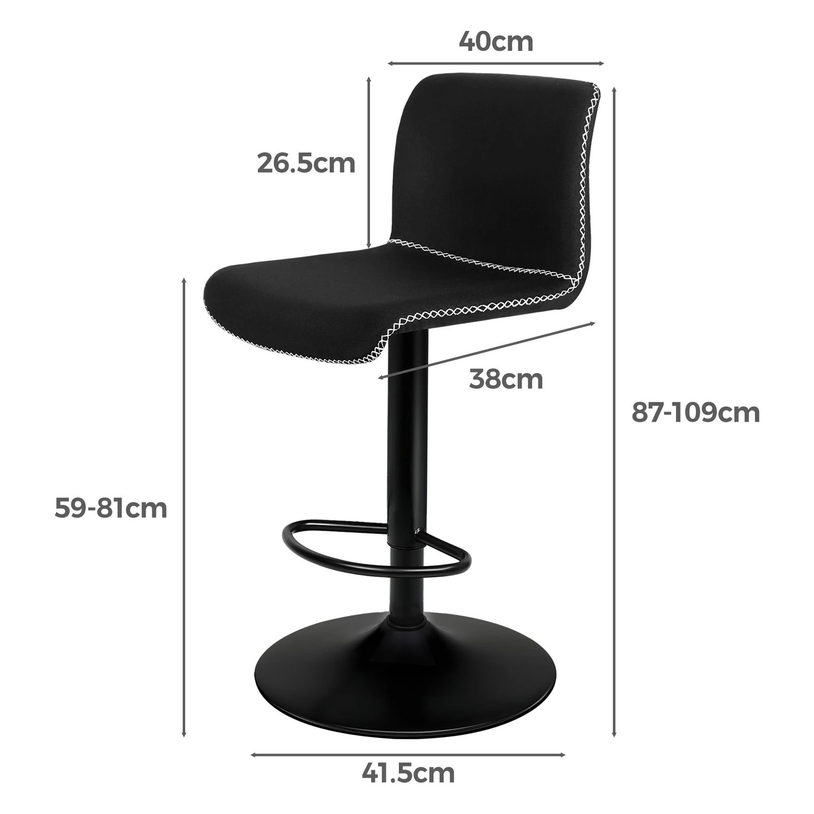 3 Alfordson 4x Bar Stools Remy Kitchen Gas Lift Swivel Vintage Chair Fabric - Black, 3 of 10