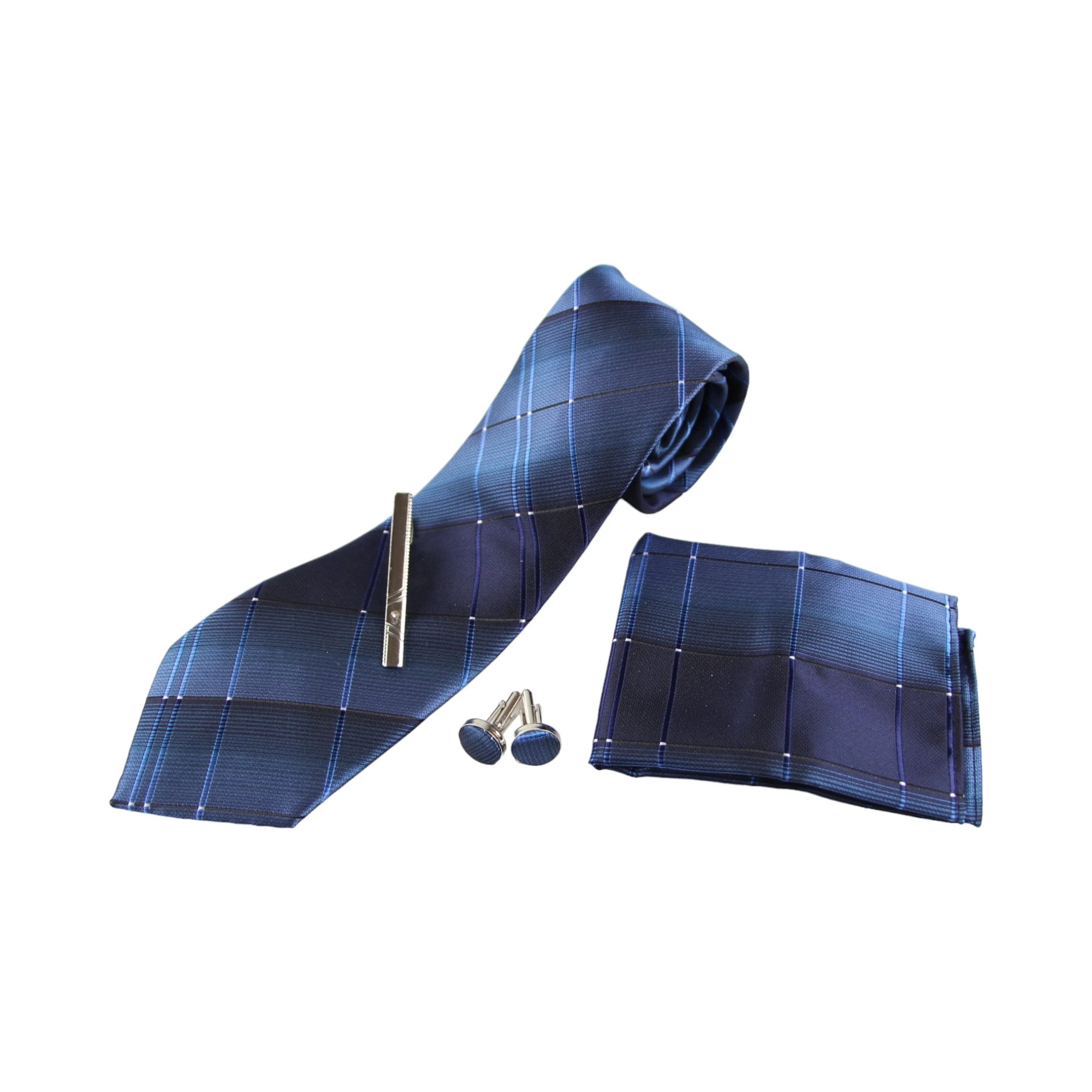 3 Zasel Mens Ocean Blue Checkered Matching Neck Tie, Pocket Square, Cuff Links And Tie Clip Set - Multi, 3 of 3