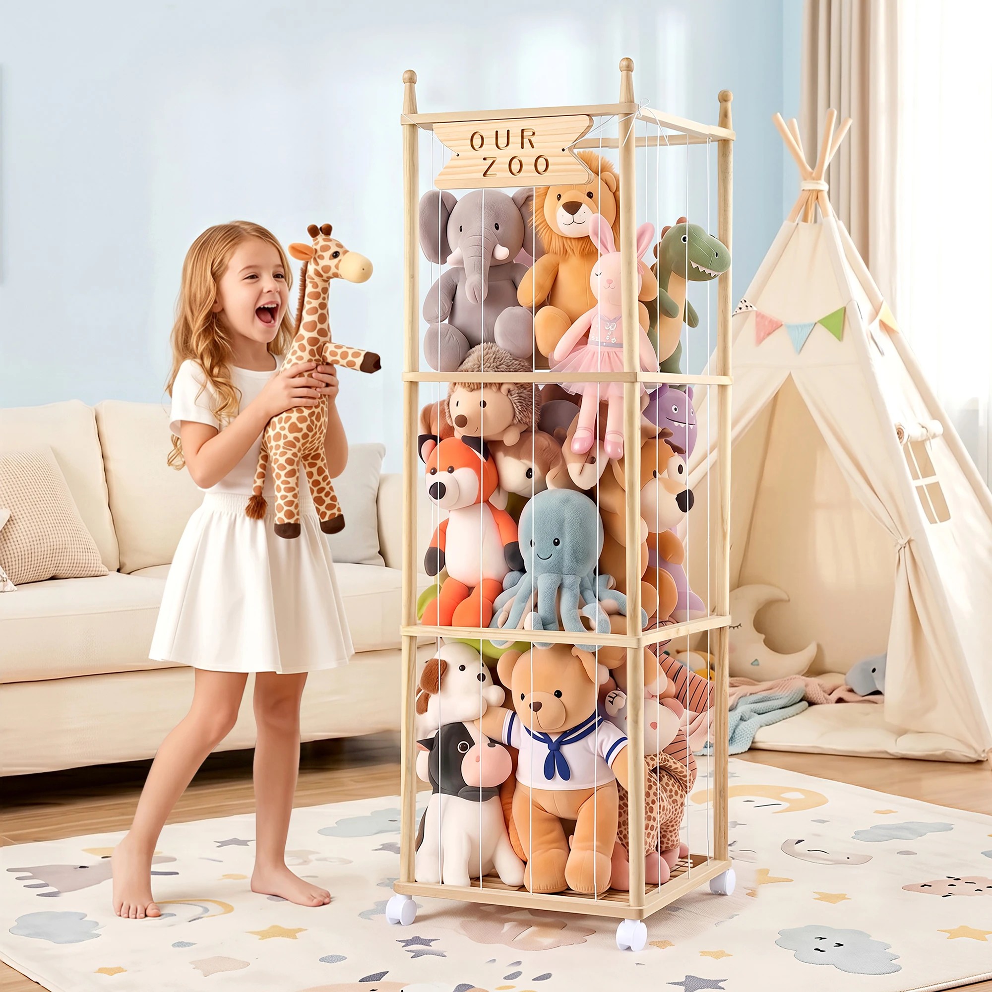 10 Keezi Stuffed Animal Toy Storage & Organizers Wooden Zoo Cage with Wheels Elastic Cords - Natural, 10 of 10