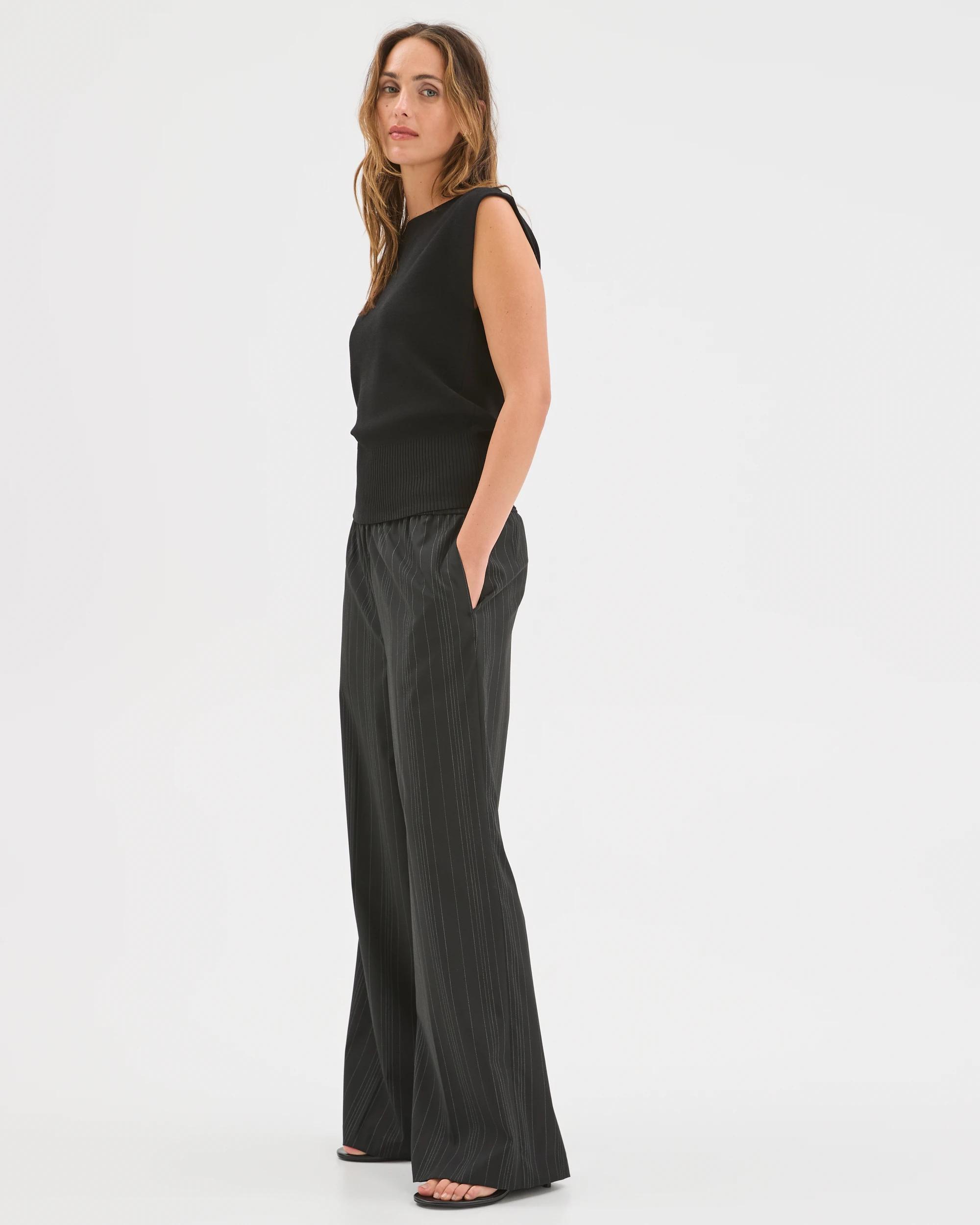 4 Preview Elastic Waist Tailored Pants BLACK BROKEN STRIPE, 4 of 7