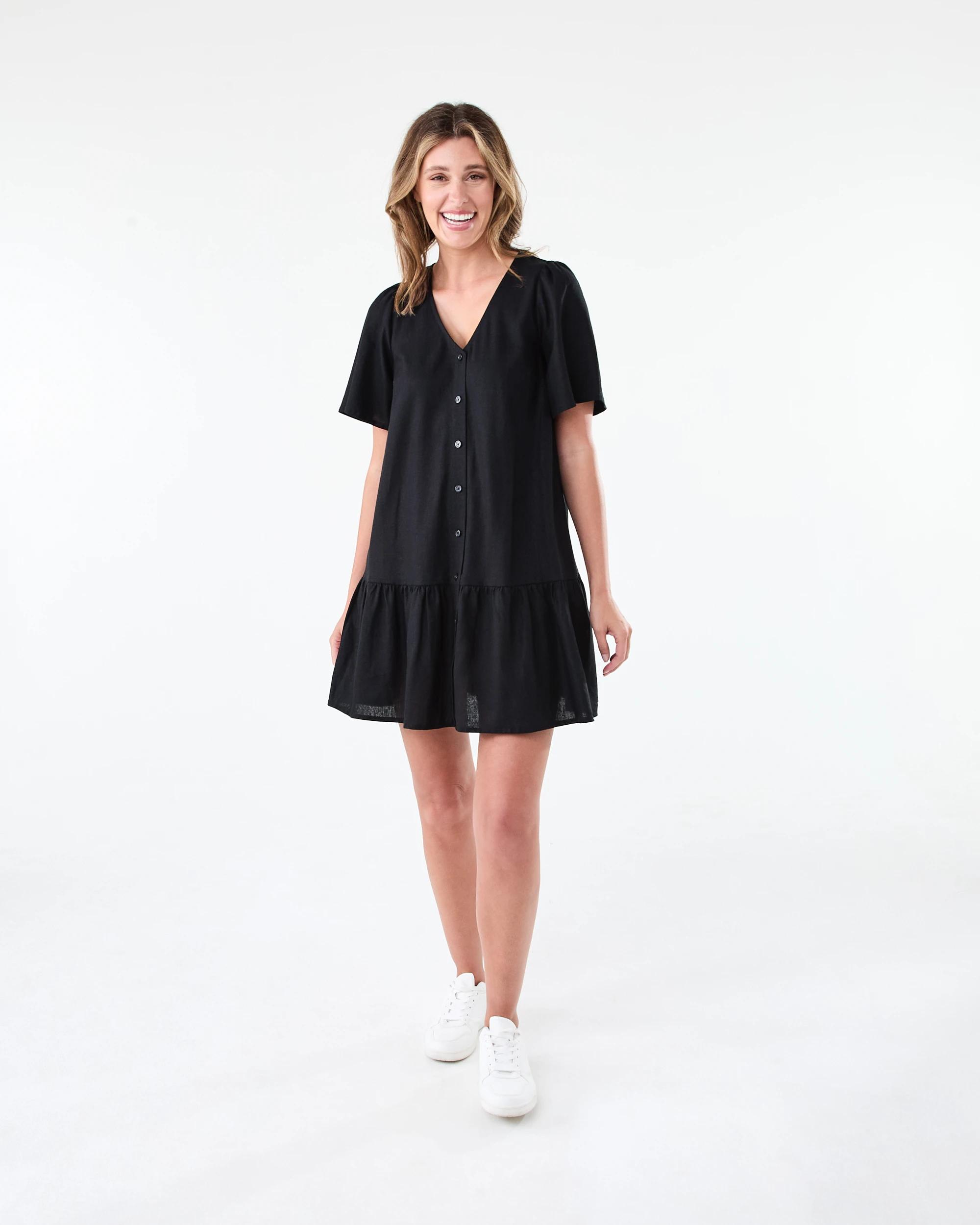 8 Short Sleeve Linen Blend Drop Tier Mini Dress Black, 8 of 8