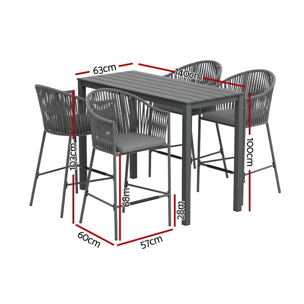 2 Gardeon 5-Piece Outdoor Bar Set Dining Table Rope Chair Patio Bistro Set - Grey, 2 of 3