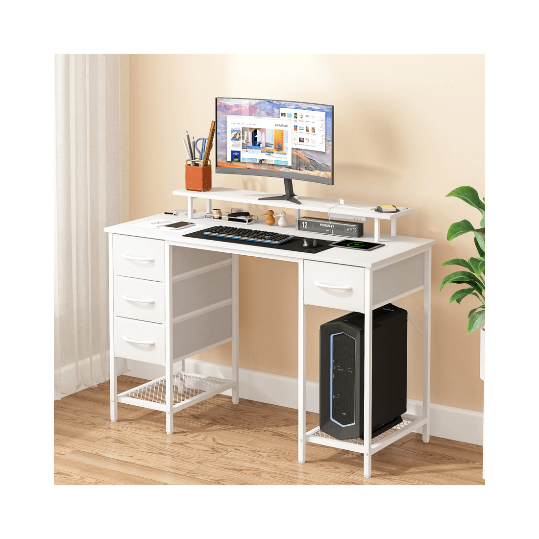8 Advwin 120cm White Office Computer Desk With Led Lights Power Outlets, 8 of 9