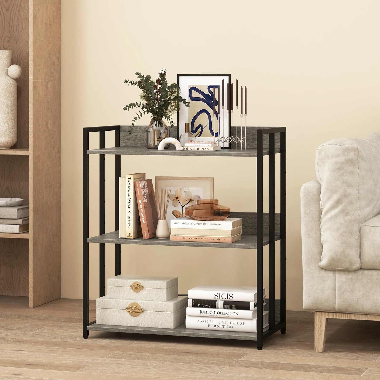 2 Costway 3-Tier Bookshelf Storage Rack Bookcase Metal Display Shelf Adjustable Shelving Unit - Grey, 2 of 4