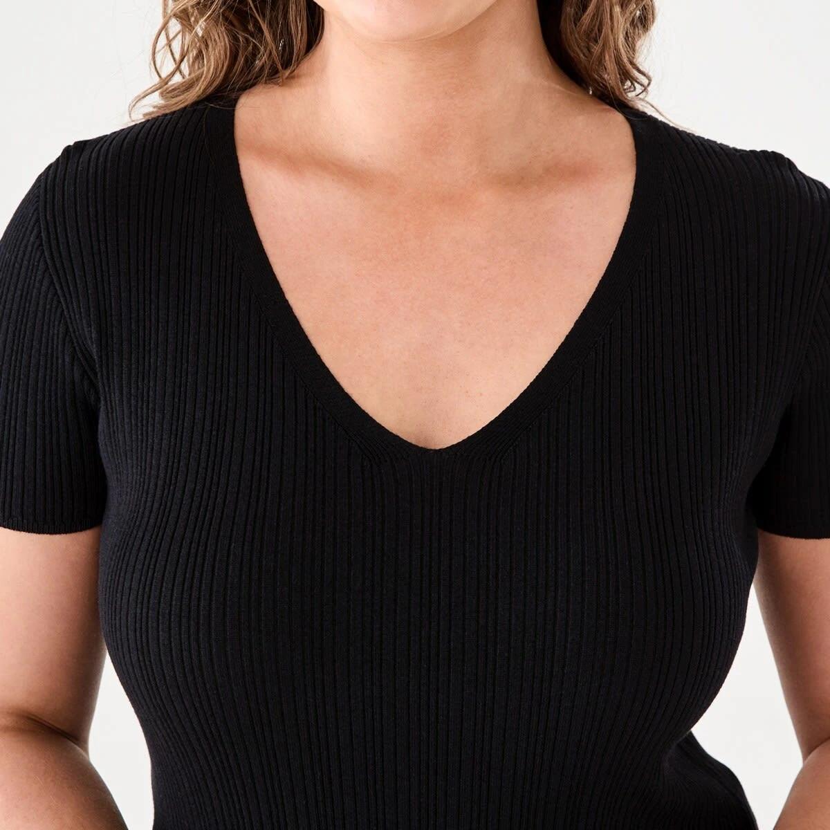 5 Short Sleeve True Knit V-Neck Rib Top BLACK, 5 of 5
