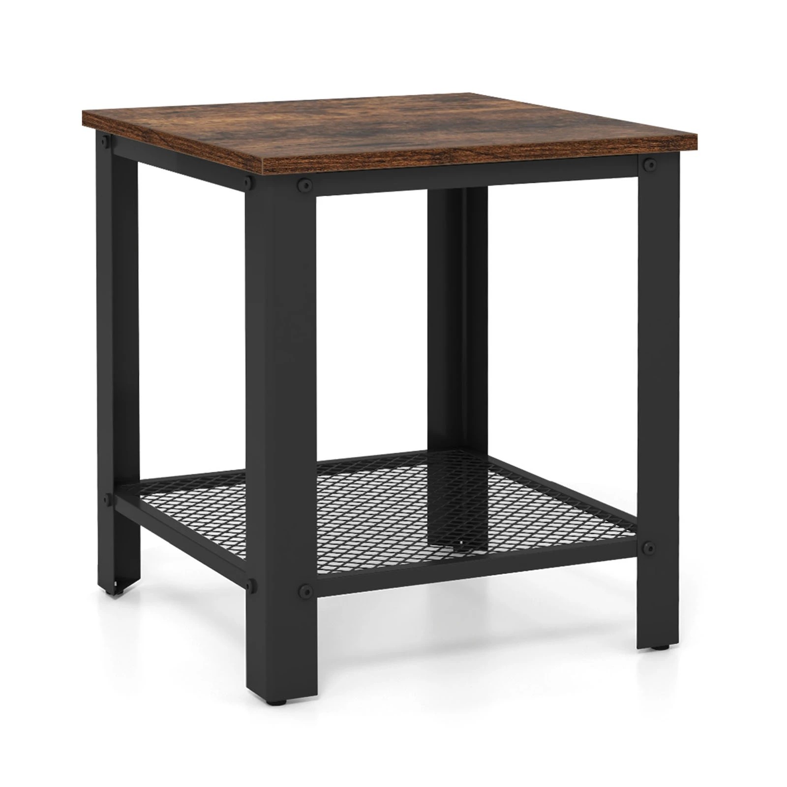 1 Costway 2-Tier End Table Square Sofa Side Table w/Mesh Shelf - Brown, 1 of 5