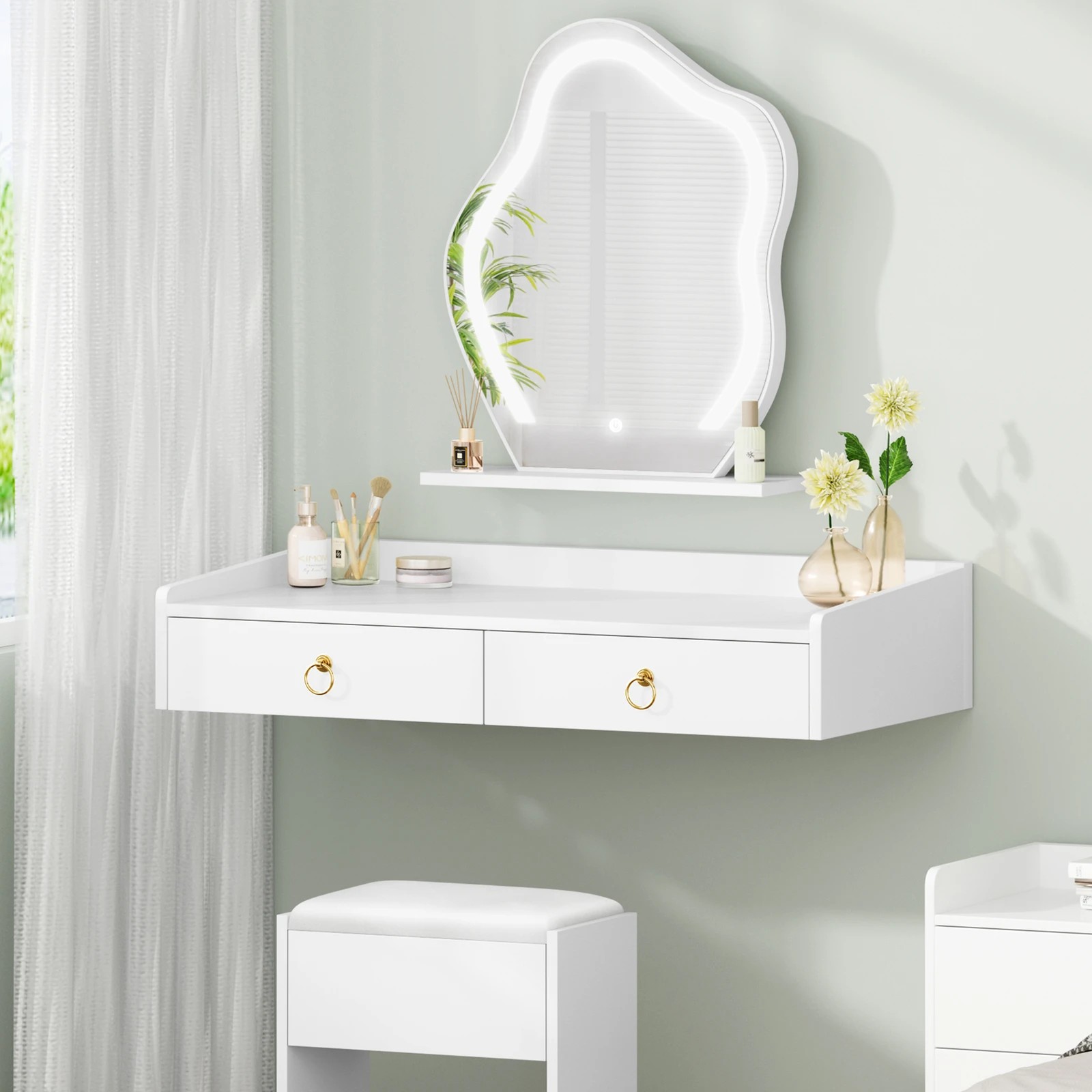 2 Alfordson Dressing Table Stool Floating Makeup LED Vanity Desk - White, 2 of 9