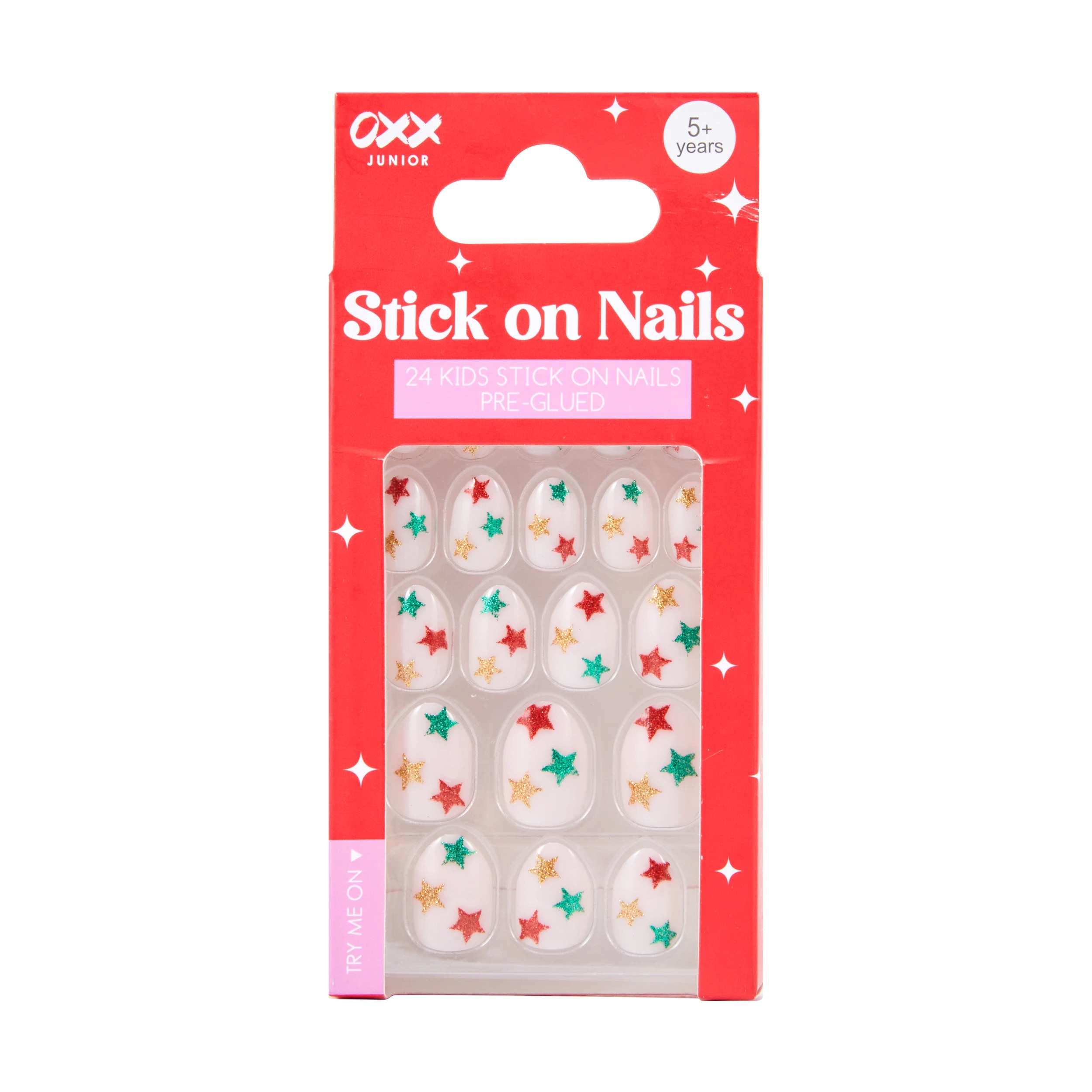 1 OXX Junior 24 Pack Kids Pre-Glued Stick-On Nails - Almond Shape, Glitter Stars, 1 of 4