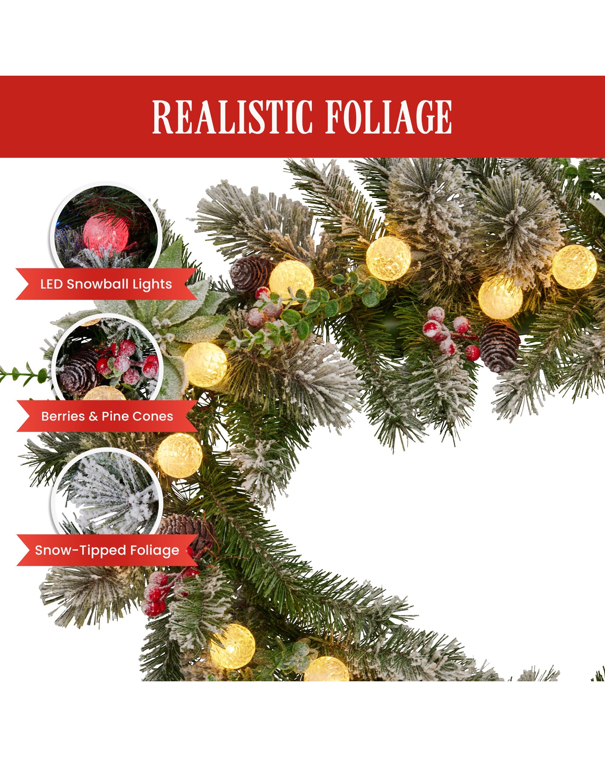 4 Christabelle 2.7m Snowy Christmas Garland With Led Coloured Baubles Lights Tree Decoration Ornament, 4 of 5