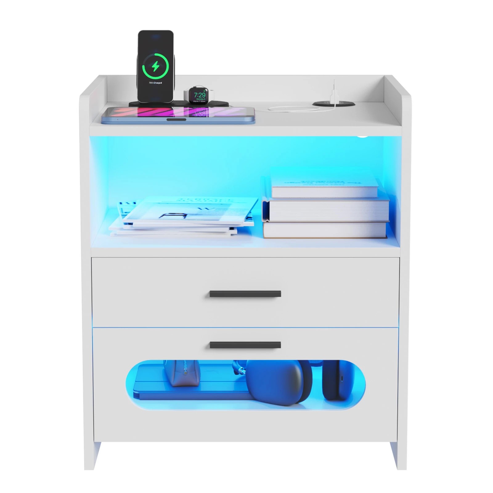 6 Advwin Bedside Table Wireless Charging Station Led Lights 2 Drawers Storage
 - White, 6 of 8