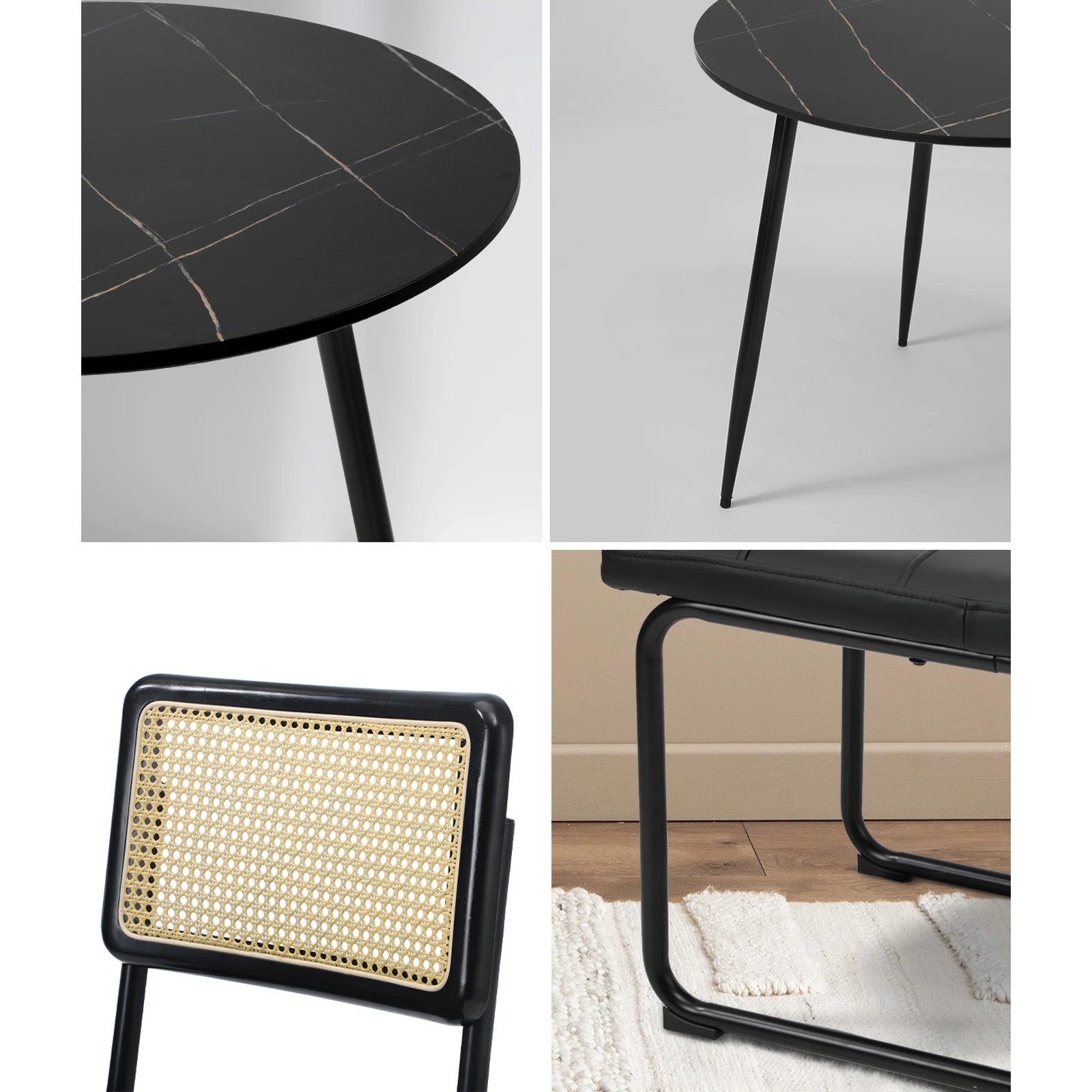 4 Oikiture 5PCS Dining Table Set 1.1m Round Dining Table and Chairs PU Leather Padded Seat - Black, 4 of 9