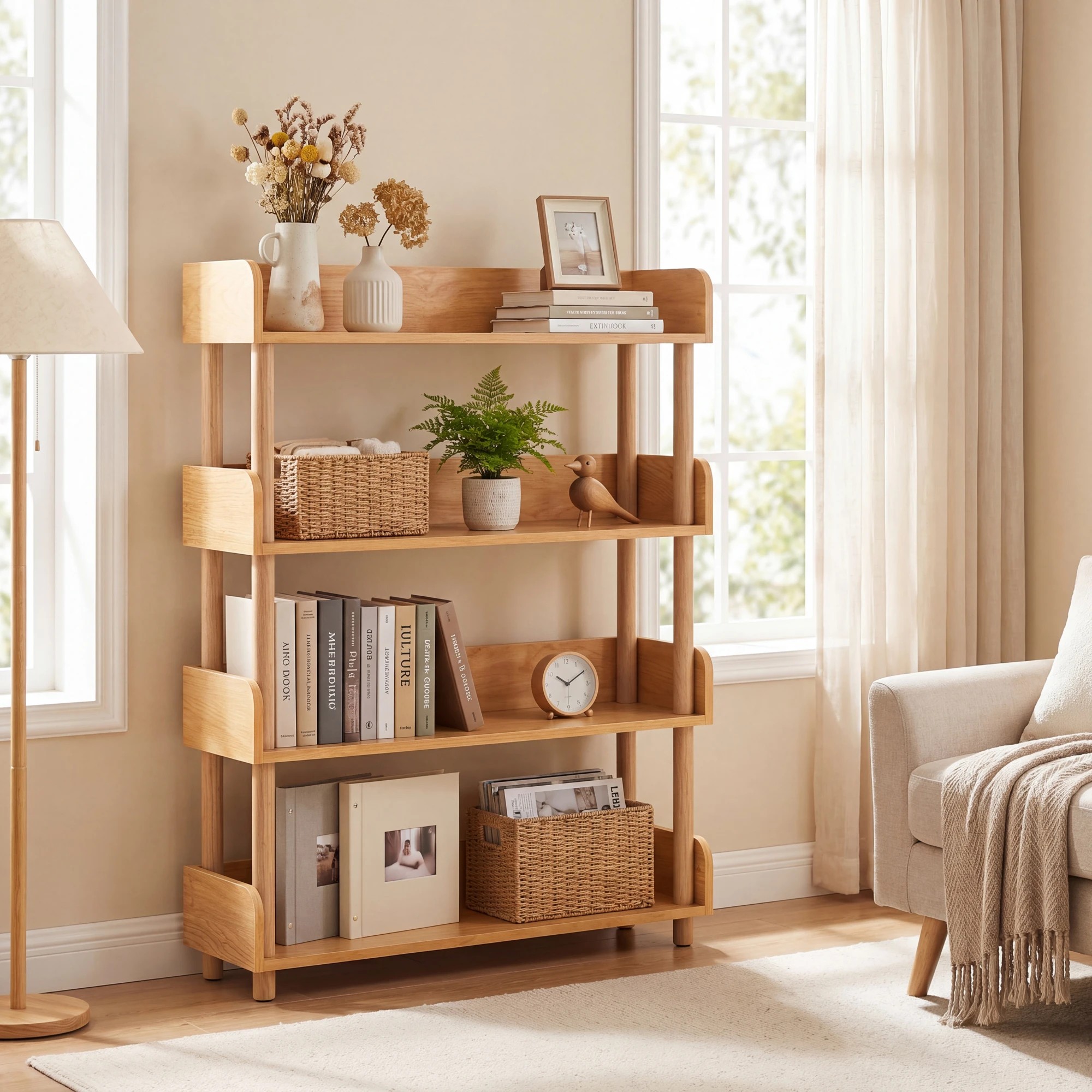 2 Costway 4Tier Wood Bookshelf Bookcase w/Elevated Guardrails Shelving Unit Storage Rack, 2 of 4