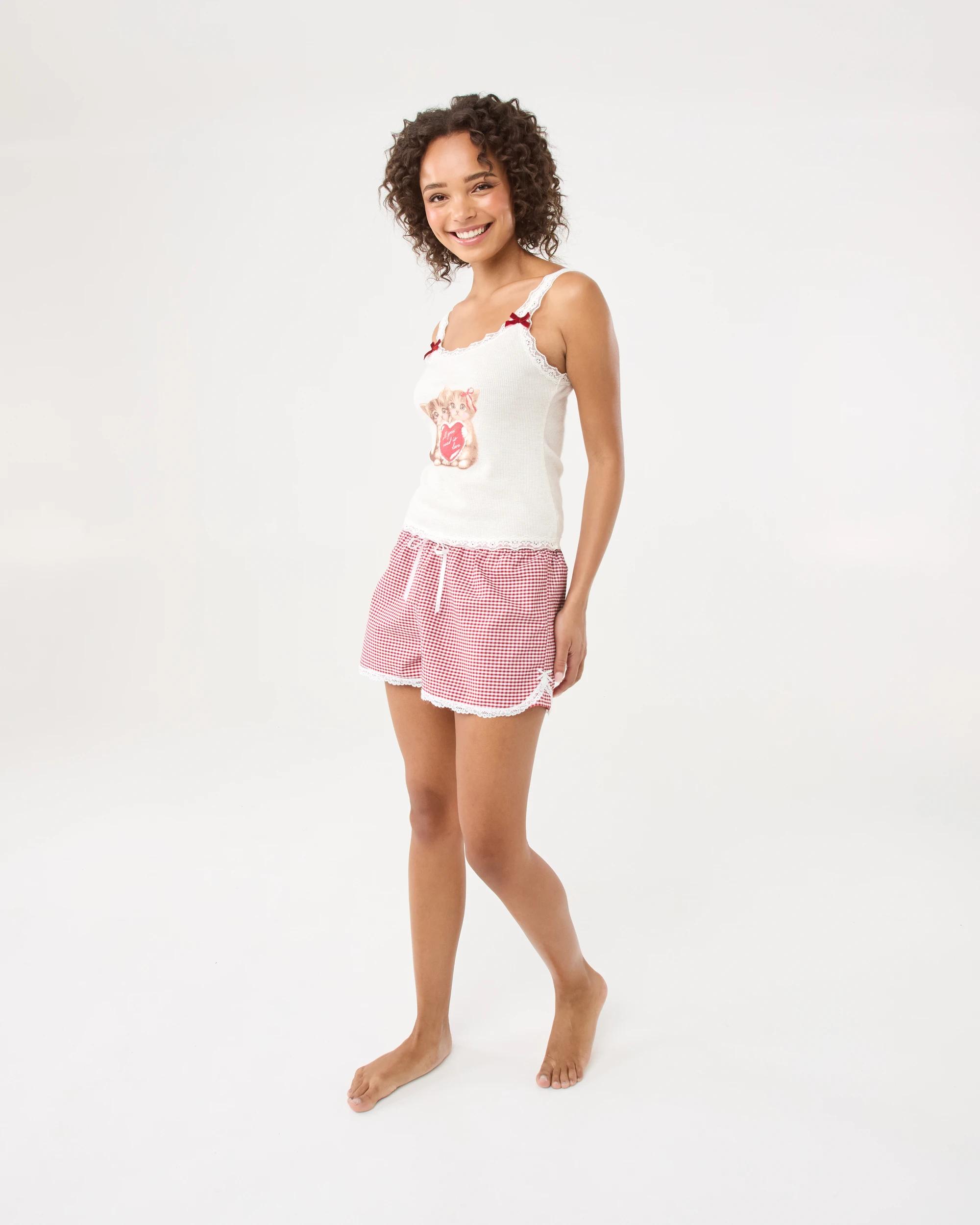 3 Cotton Yarn Dyed Lace Trim Woven Shorts Red Ging, 3 of 8