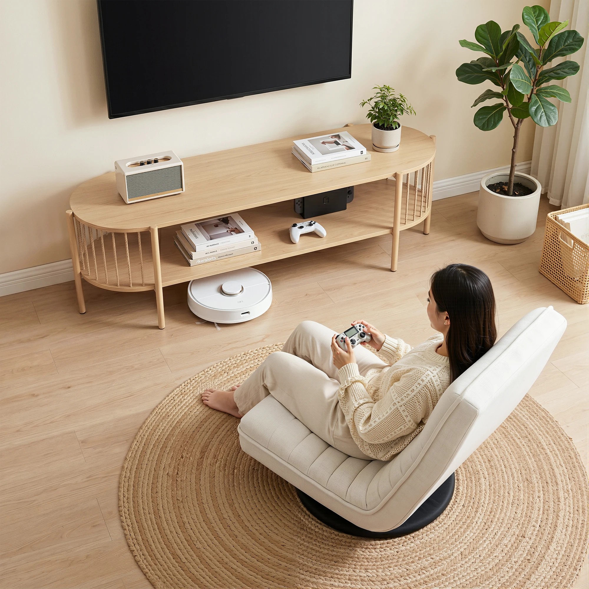 7 Artiss Swivel Floor Chair & TV Entertainment Unit with Storage Shelf Set - White, 7 of 7