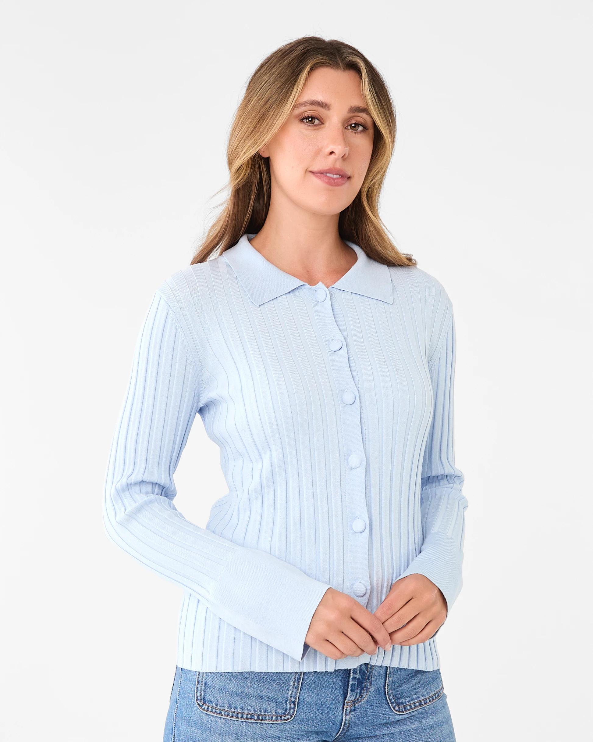 2 Long Sleeve Button Through Polo Shirt Powd Blue, 2 of 7