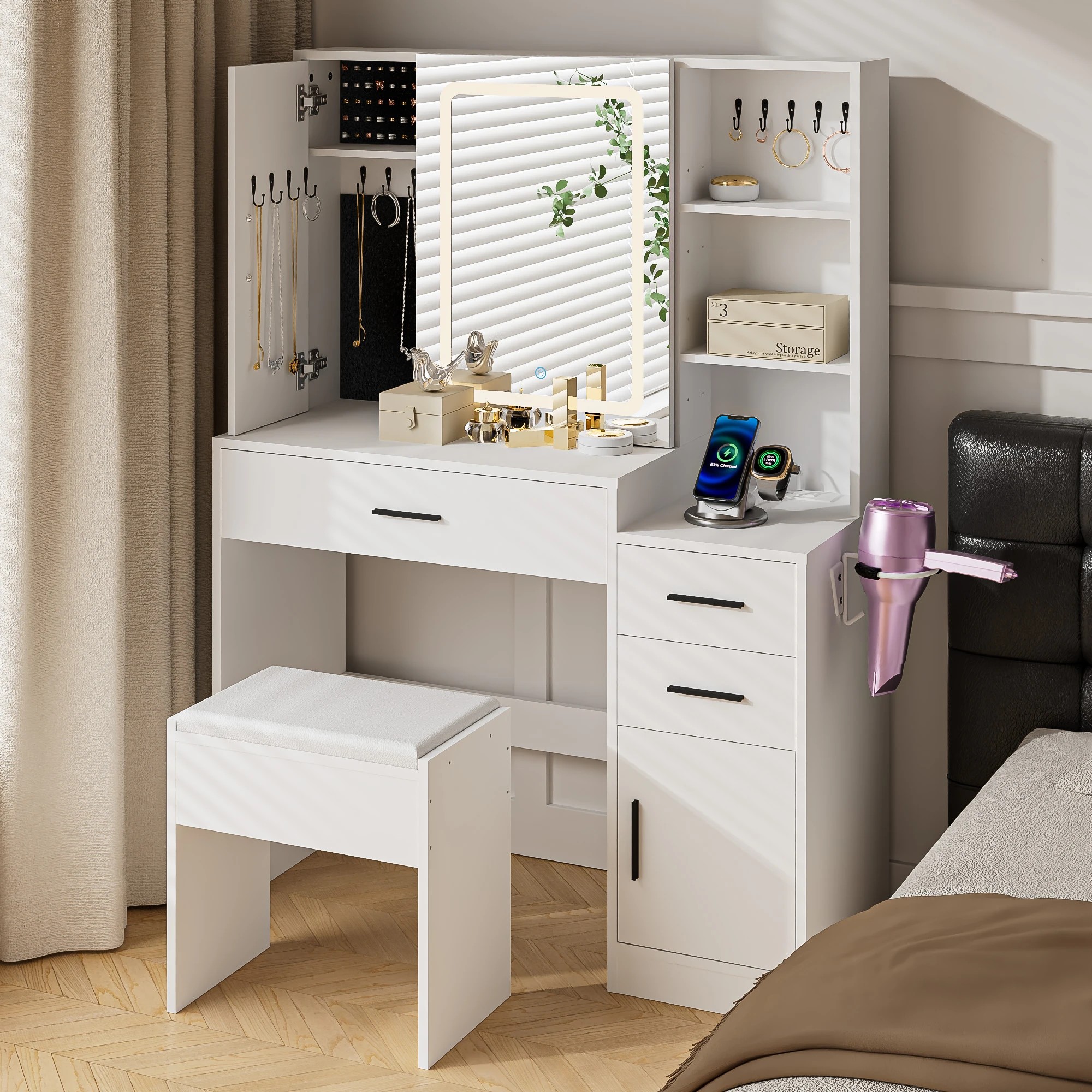 9 Advwin Dressing Table Stool Set With Mirror Led Lights Jewelry Armoire, 9 of 9