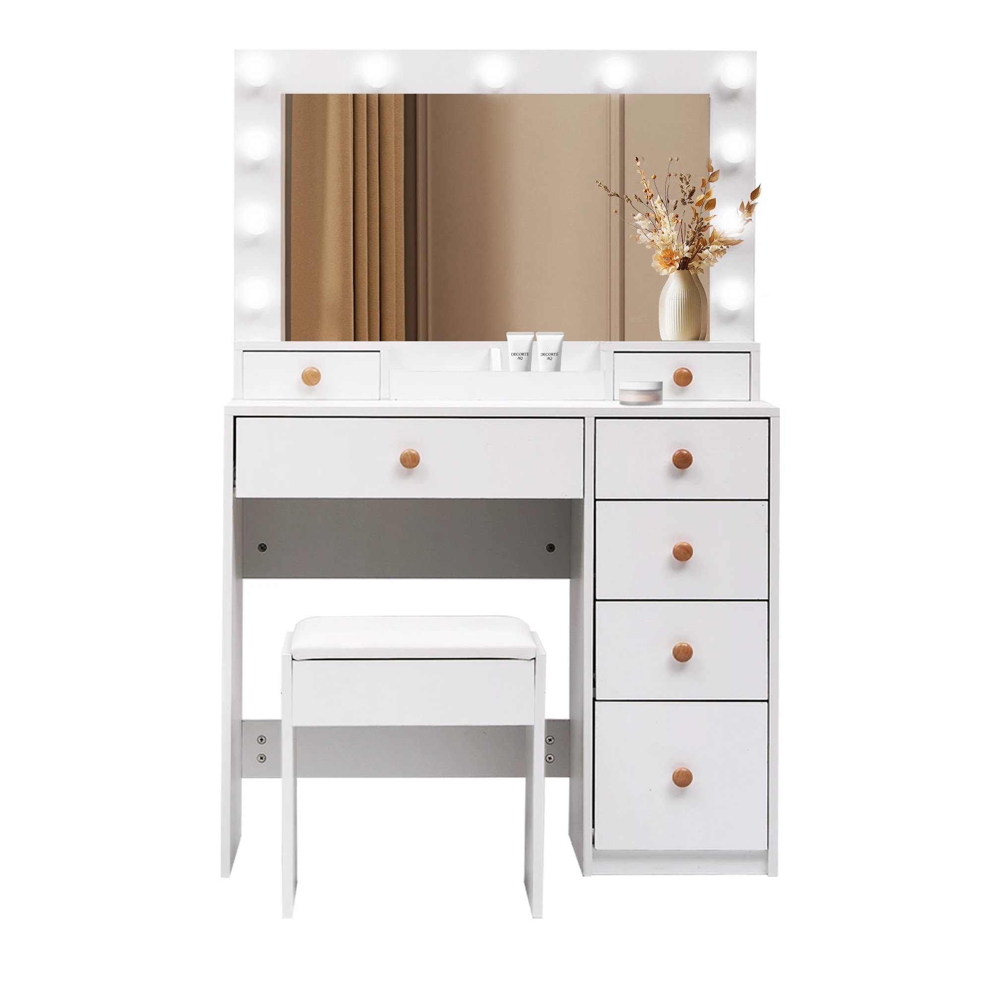2 Levede Dressing Table Stool Set 11 Bulb Makeup Mirror Vanity Desk Cabinet White, 2 of 9