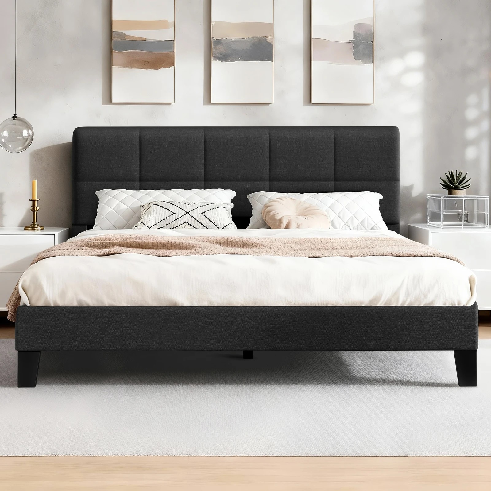 2 Alfordson Bed Frame Queen Size Wooden Slats Platform Fabric Paula - Charcoal, 2 of 9