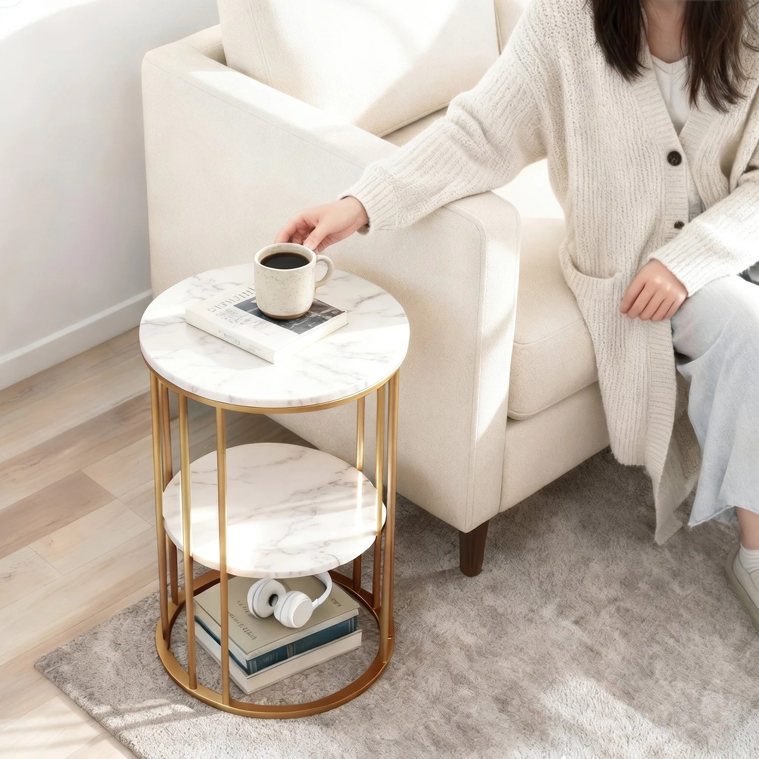 4 Artiss Side Table Set of 2 Marble Effect Round Coffee Table 2 Tier End Bedside Table Nightstand - White, 4 of 8