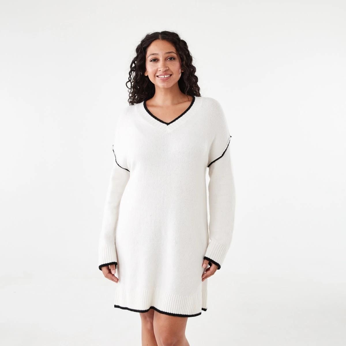 1 Long Sleeve V-Neck Sweater Mini Dress Ecru, 1 of 8
