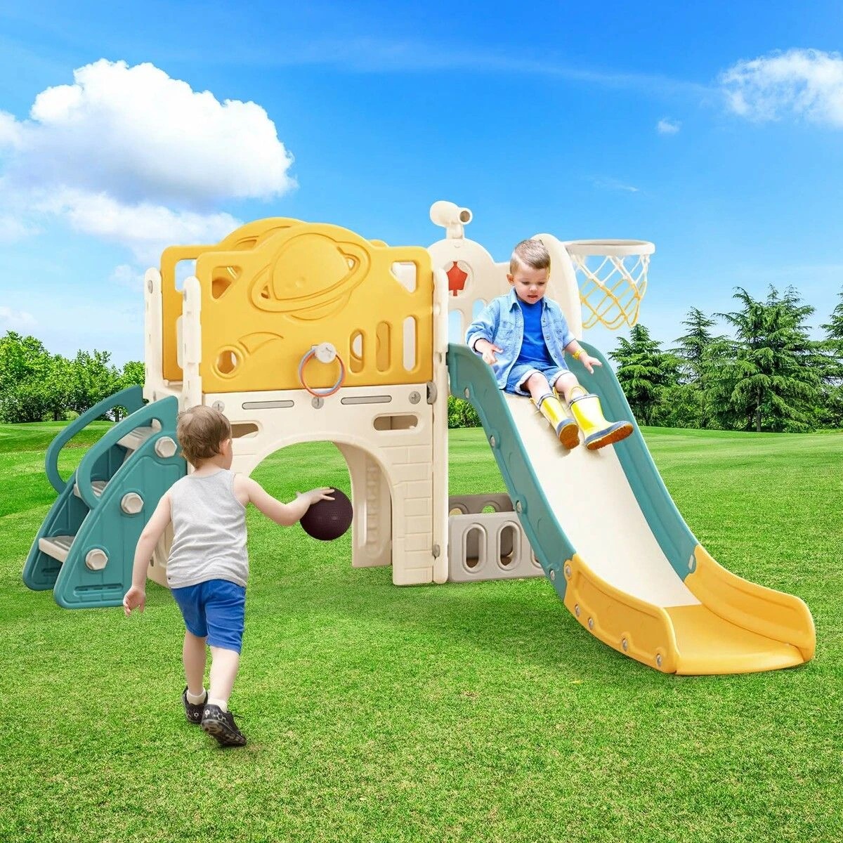 2 Kidbot 7in1 Kids Slide Set Ladder Steps Basketball Hoop Playground, 2 of 3