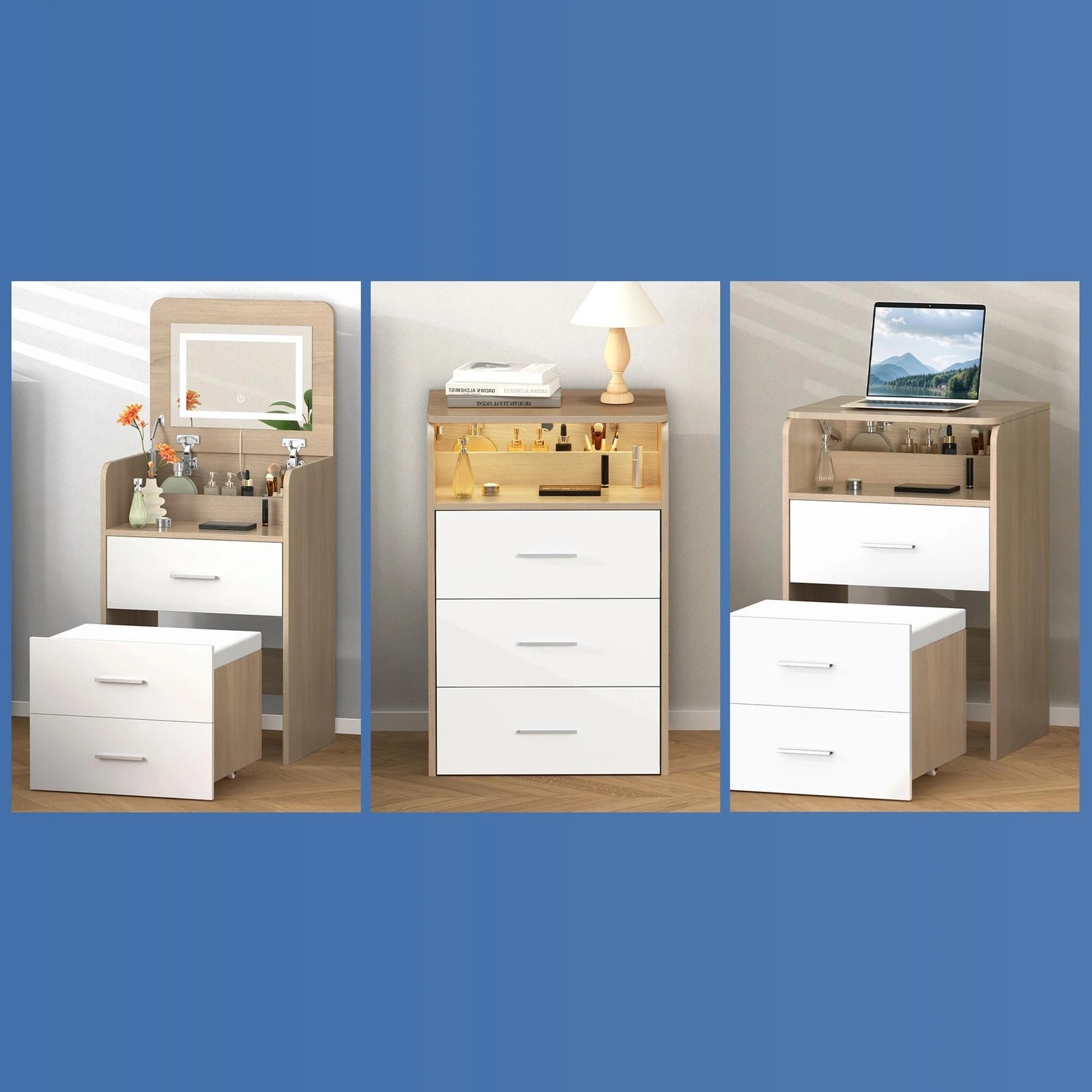 5 Alfordson 2x Dressing Table Stool Set 2-In-1 Makeup Mirror Vanity Desk - Natural, 5 of 10