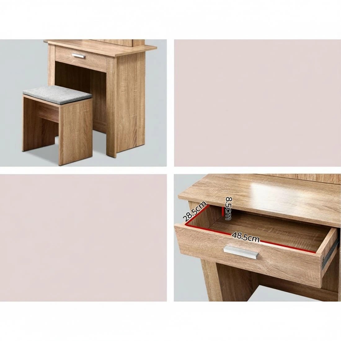 4 Artiss Dressing Table Stool Set Sliding Mirror Oak Demi - Natural, 4 of 5