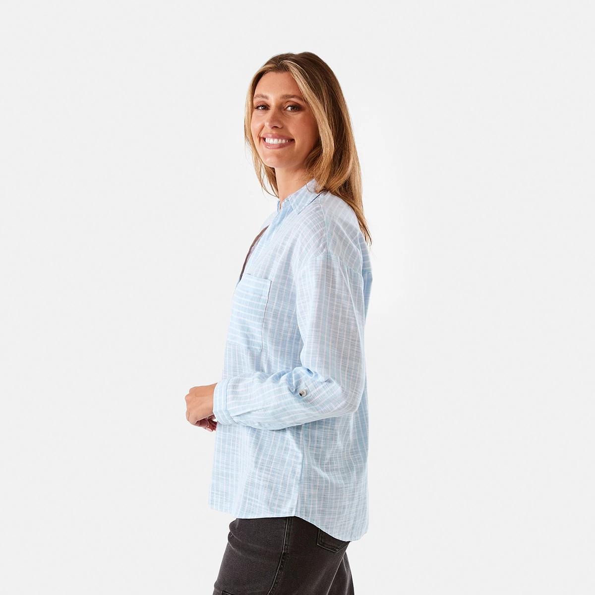 3 Rolled Sleeve Cotton Slub Shirt Bl/wh Strp, 3 of 9