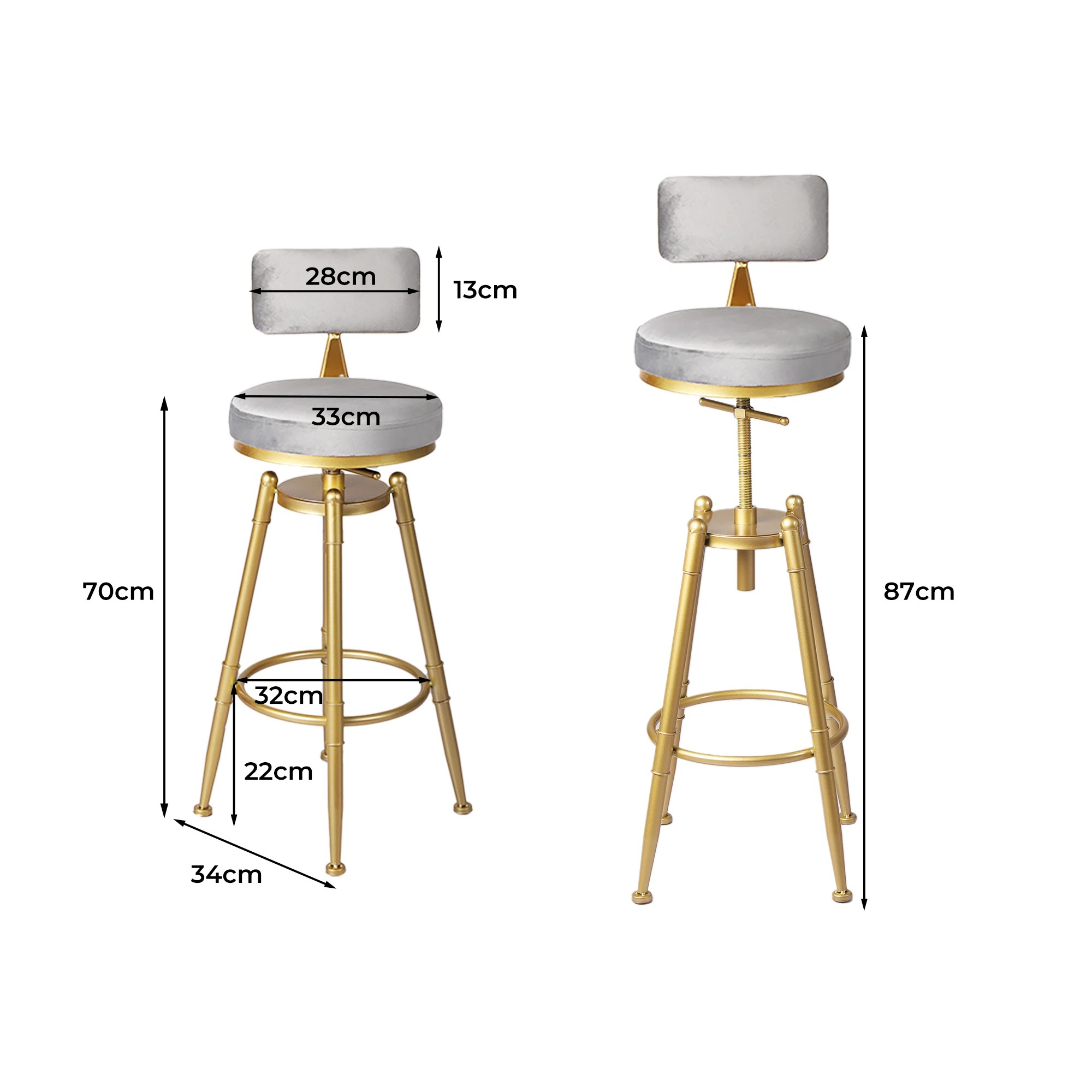 5 Levede 2x Velvet Bar Stool - Grey, 5 of 6