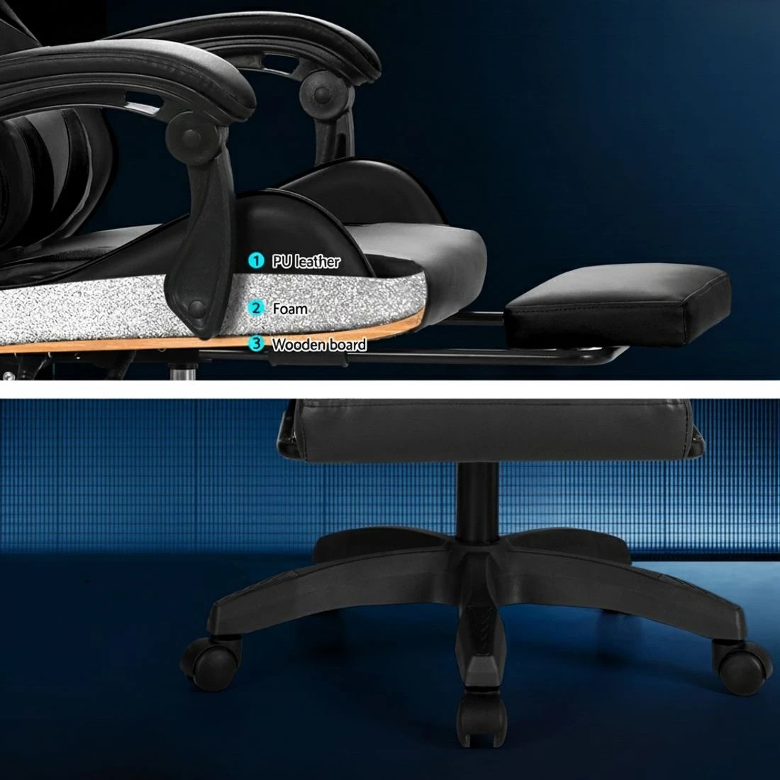 5 Artiss 6 Point Massage Gaming Office Chair 7 LED Footrest - Black, 5 of 5