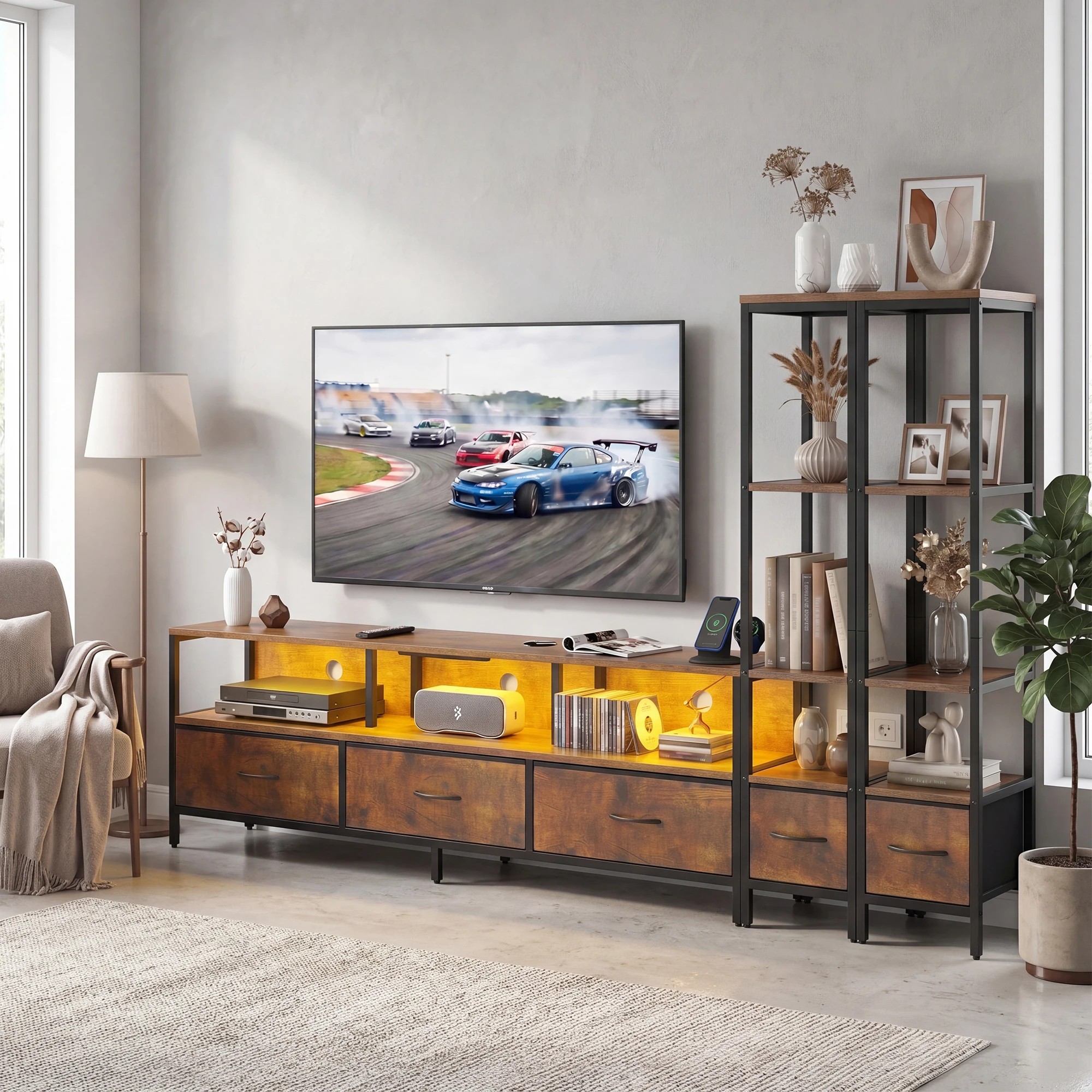 4 Advwin 197cm TV Stand with Bookshelf Entertainment Center with Power Outlet & LED Lights - Brown, 4 of 7