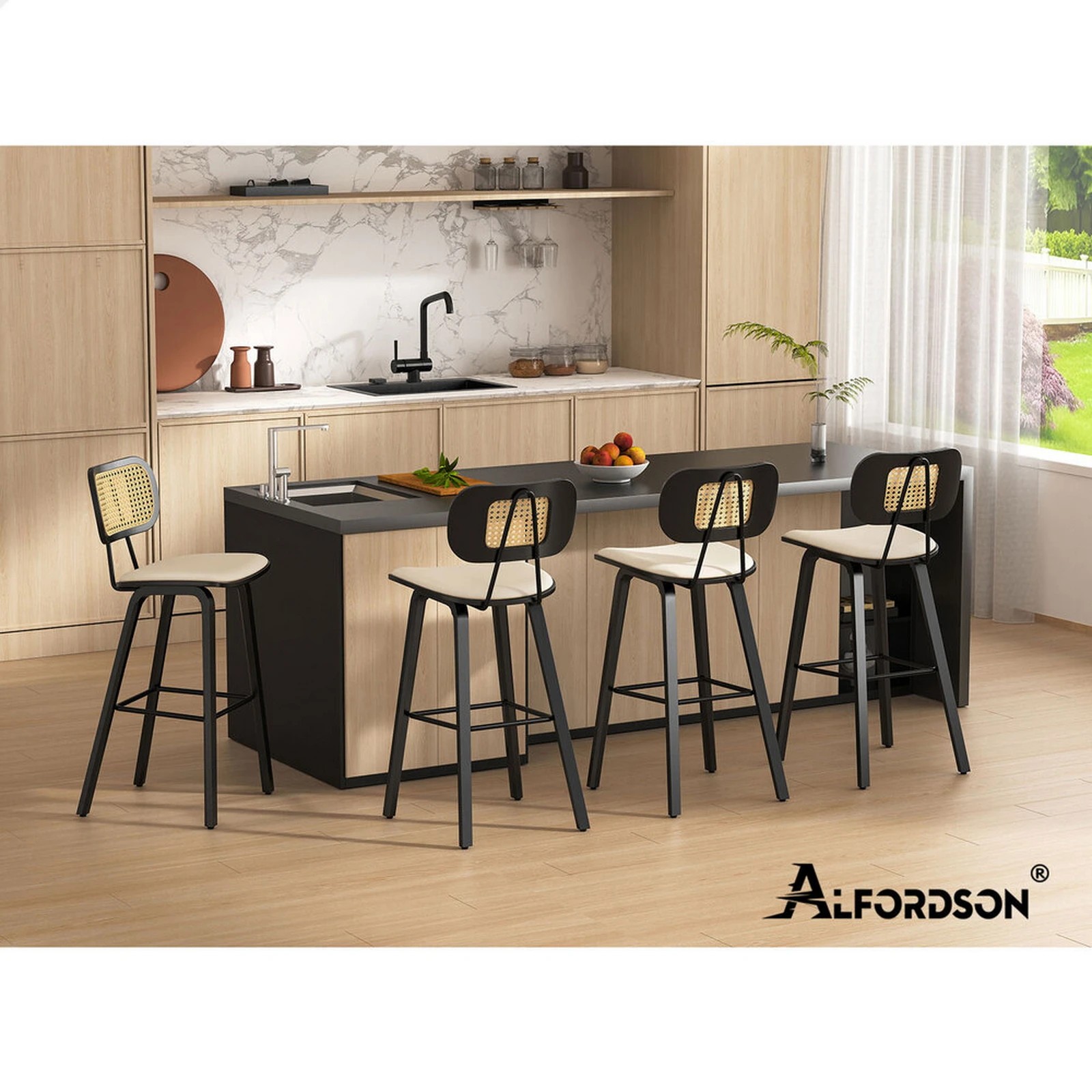 9 Alfordson 2x Bar Stools Kitchen Vintage Leather Seat Rattan Chair - White, 9 of 10