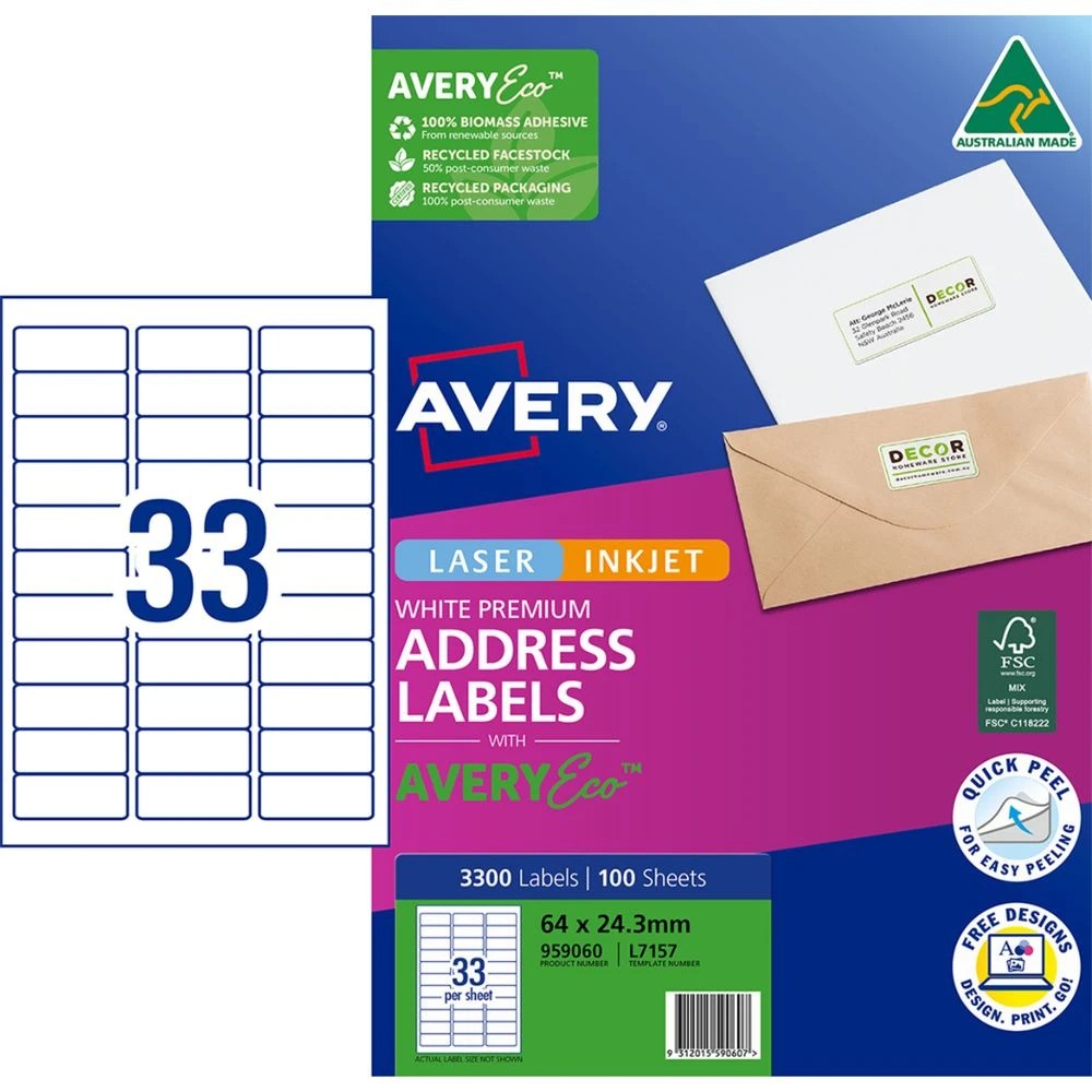 1 Avery Premium Whte Address Labels AveryEco 33UP 100sh 64x24mm, 1 of 10