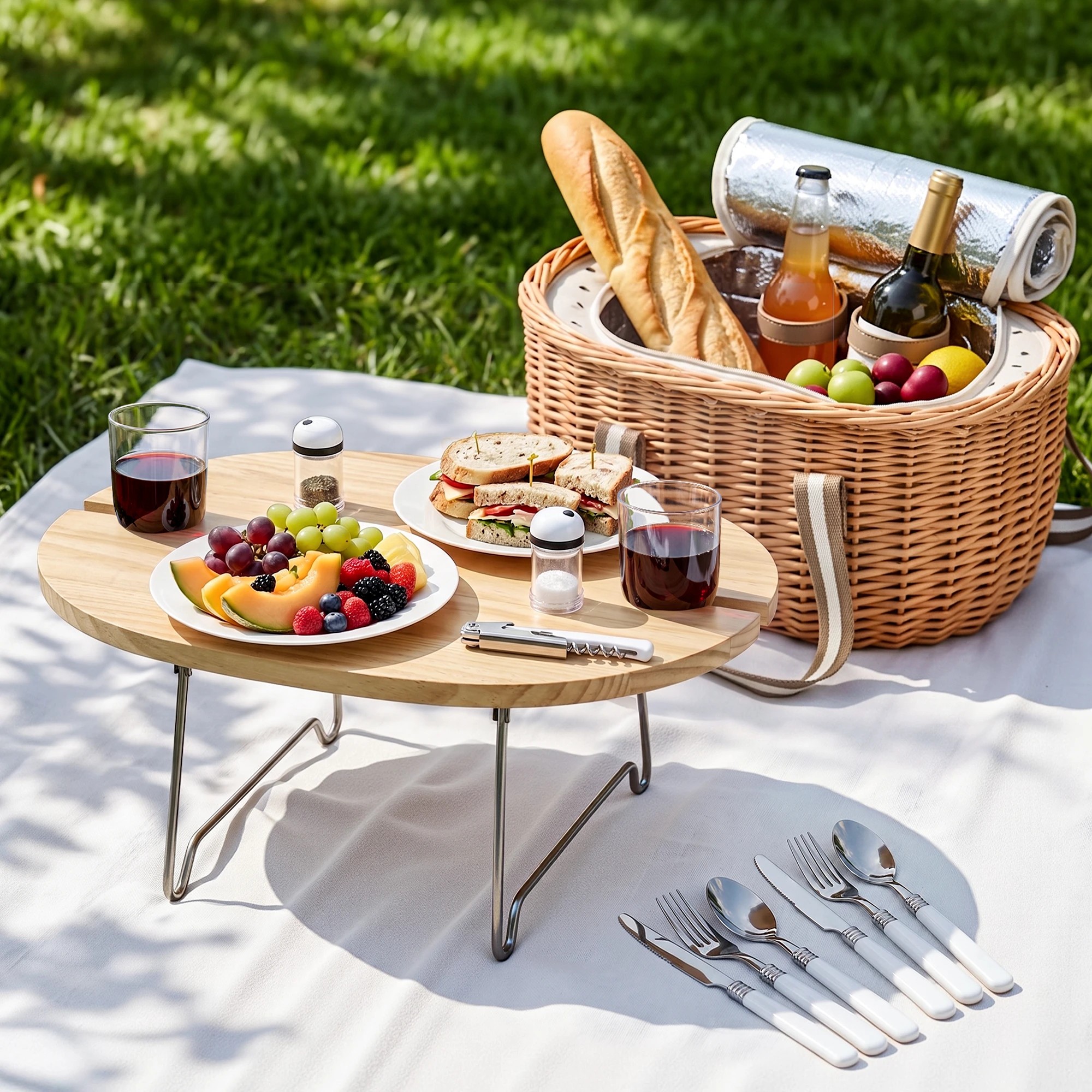 8 Alfresco 2 Person Insulated Picnic Basket Set with Foldable Wood Table - Multi, 8 of 8