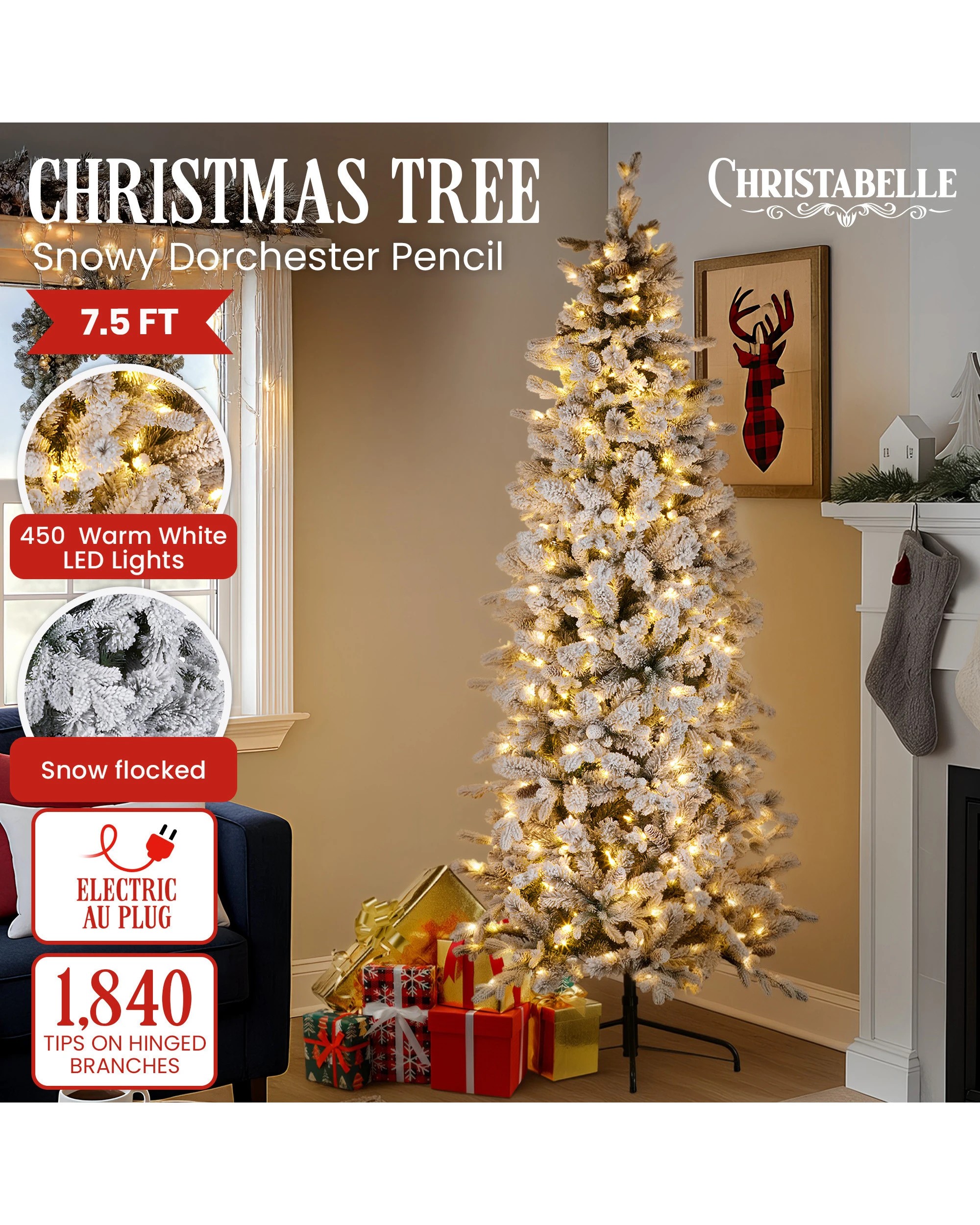 6 Christabelle Snowy Dorchester Pencil 2.3m 7.5ft Christmas Tree Pine Cone LED, 6 of 6
