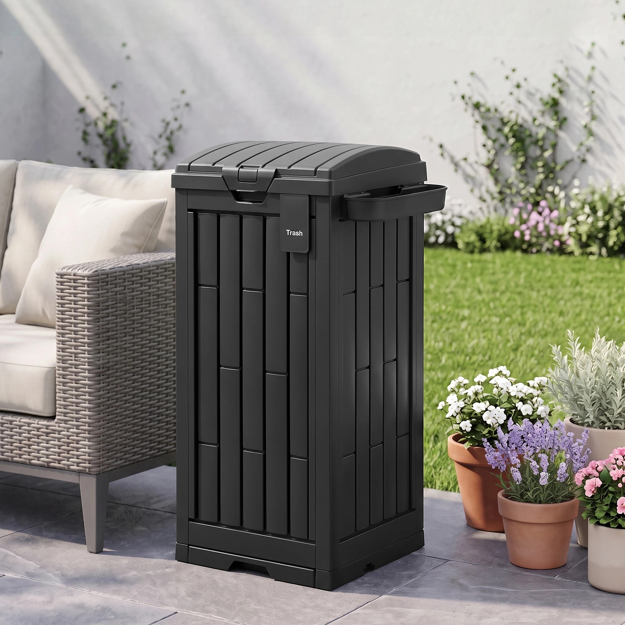 8 Gardeon Outdoor Trash Cans Polypropylene Patio Hideaway Bin 110L Black - Black, 8 of 8