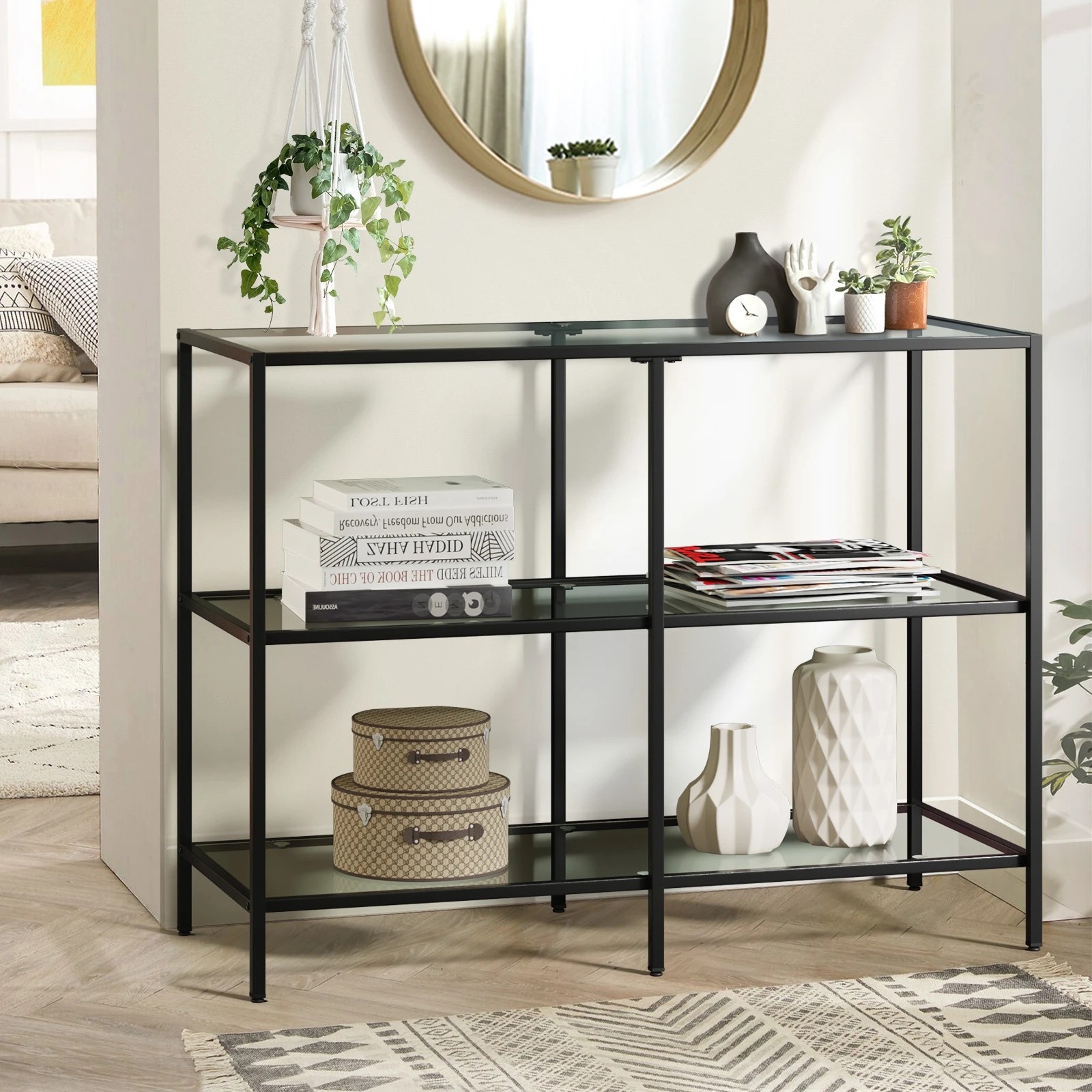 2 Oikiture Console Table Tempered Glass Sofa Table Hall Side Entry 3 Shelves
 - Black, 2 of 10