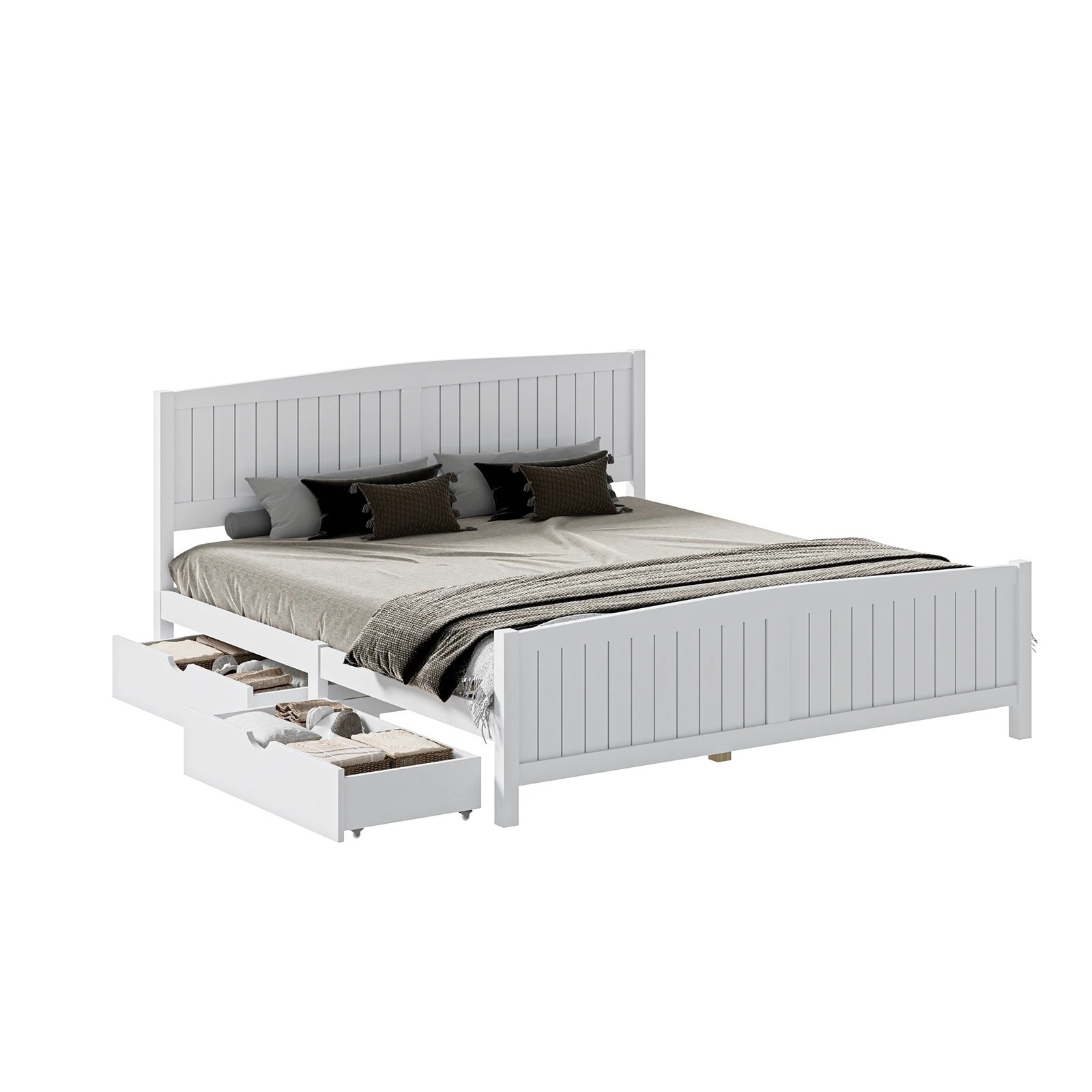 1 Oikiture Wooden Bed Frame King Size Base With Trundle Storage Drawers
 - White, 1 of 8