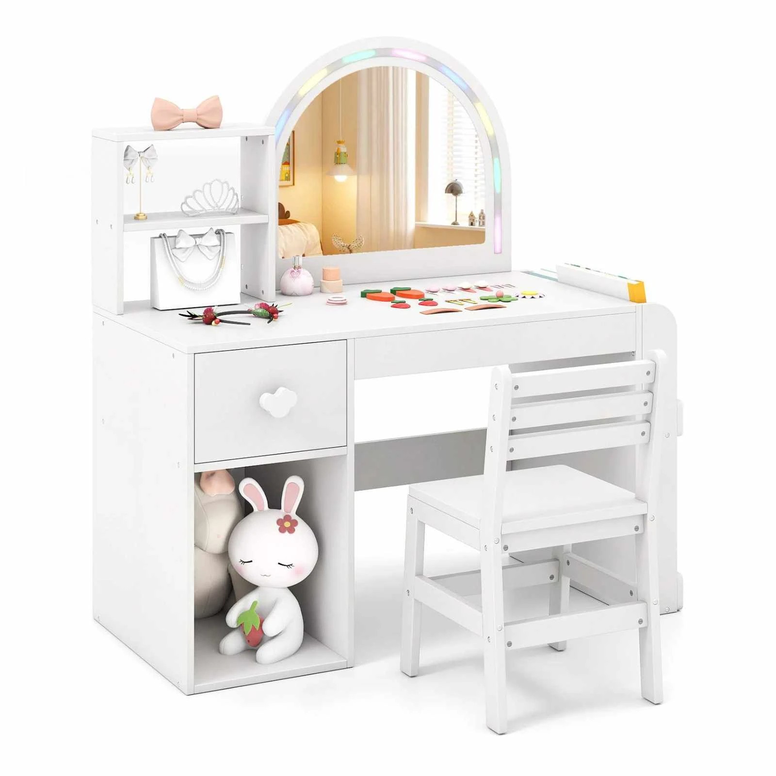 1 Costway Vanity Set Princess Makeup Dressing Table Chair Set w/Lighted Mirror - White, 1 of 2