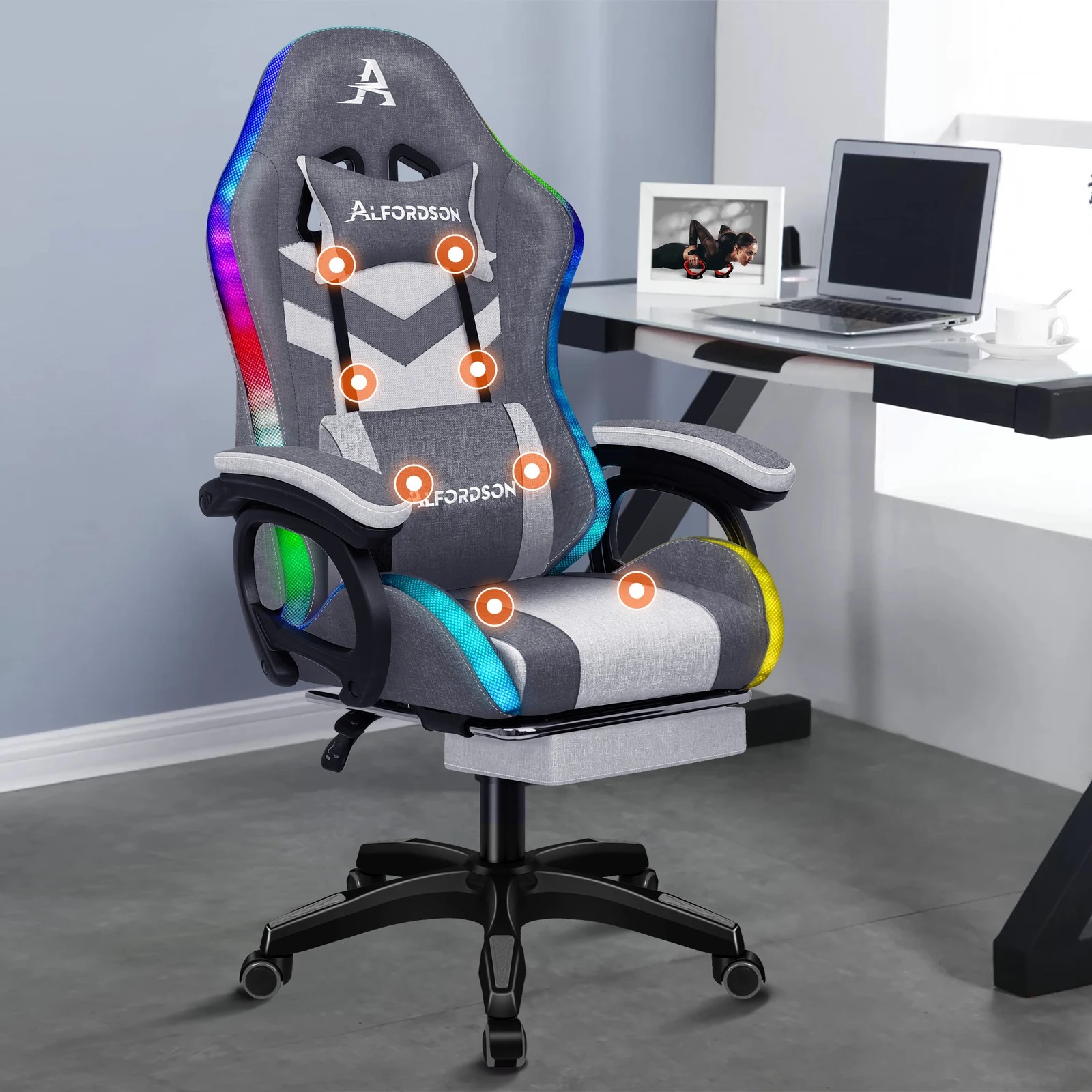 3 Alfordson Gaming Chair Office 12 RGB LED Massage Computer Fabric Seat - Grey, 3 of 10