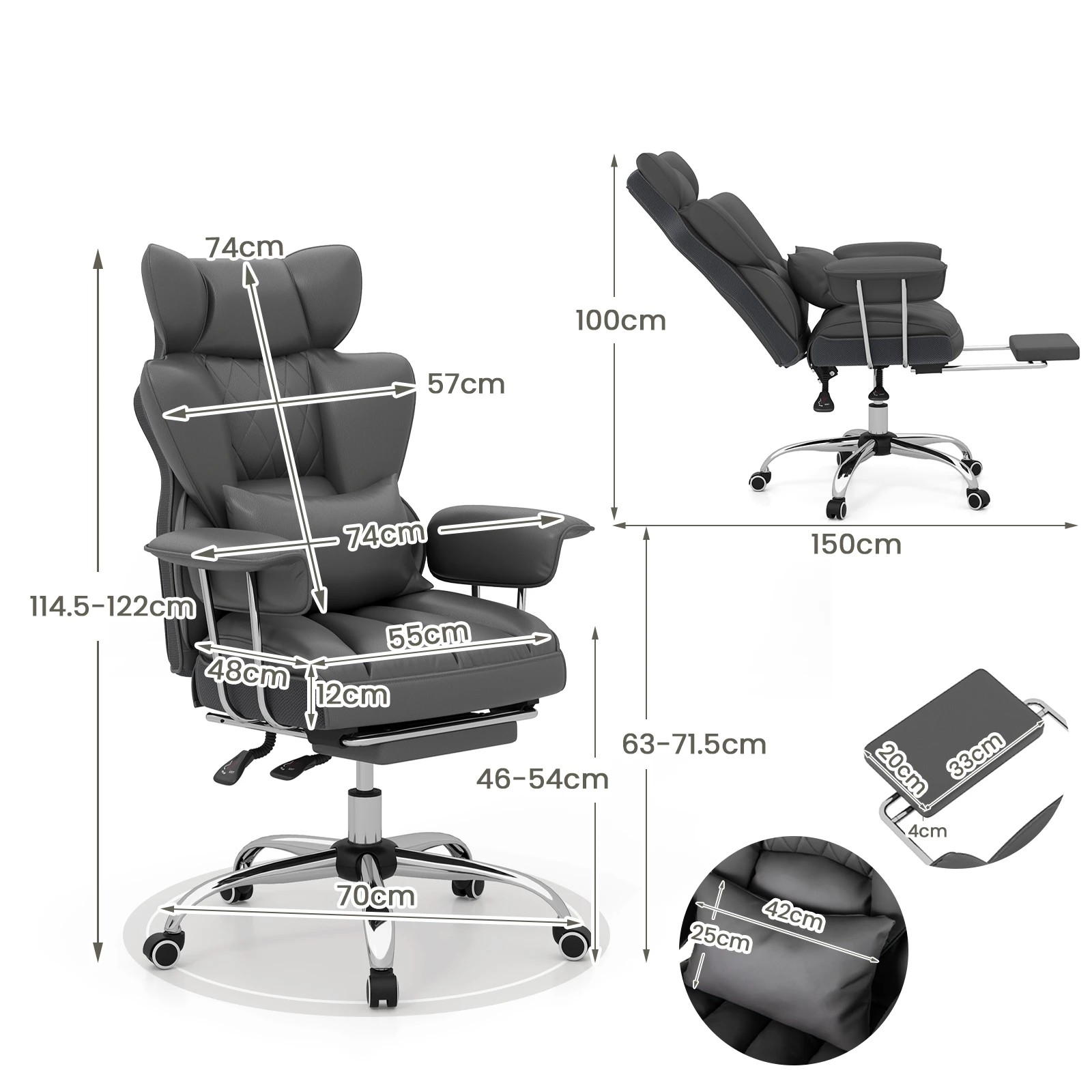 4 Costway 180kg Big & Tall Office Chair Executive Desk Chair w/Retractable Footrest - Grey, 4 of 4