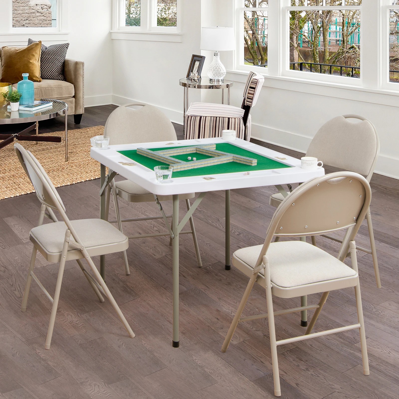 3 Costway Folding Mahjong Table Portable Card Table w/4 Cup Holders & 4 Chip Grooves, 3 of 6