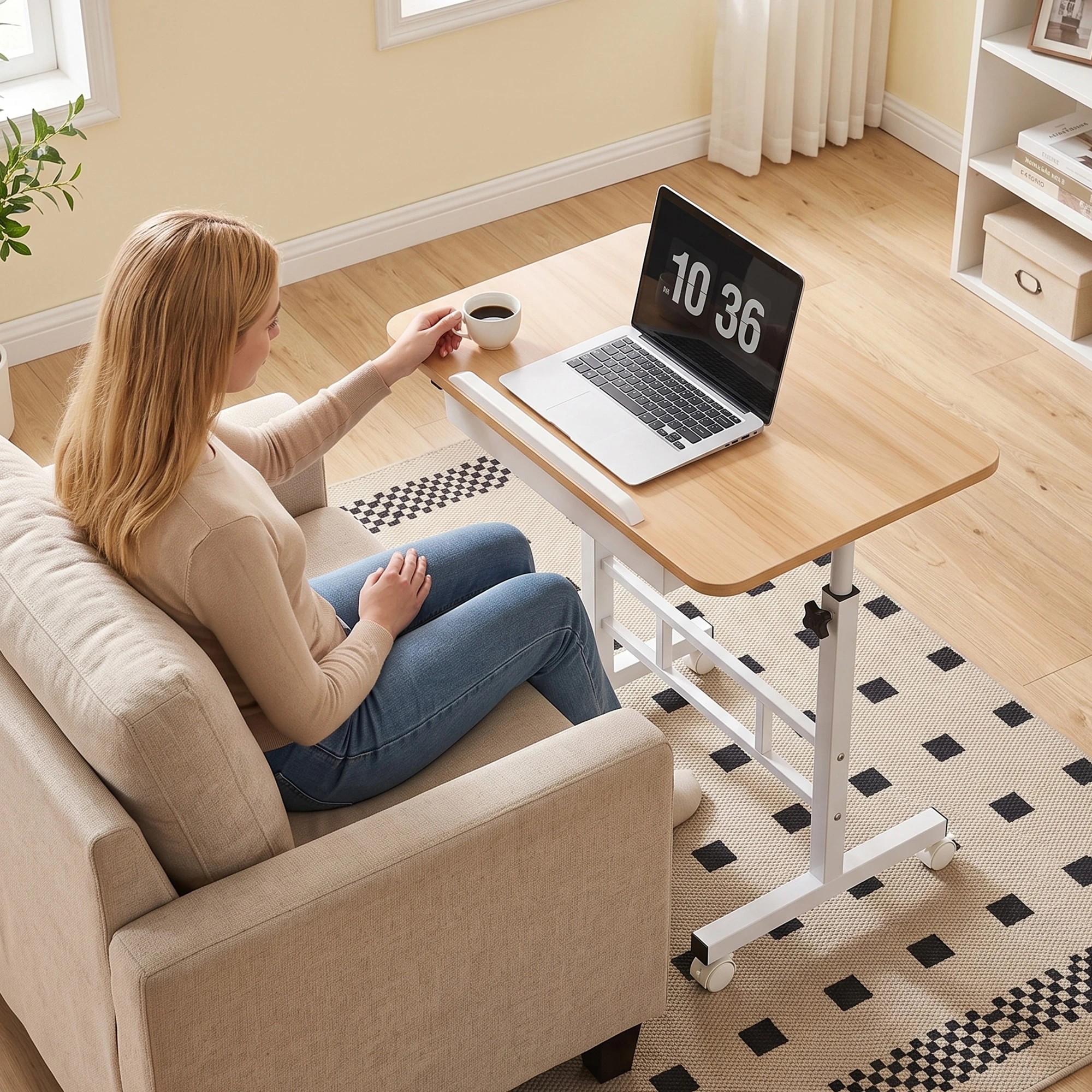 4 Artiss Adjustable Laptop Desk Mobile Bedside Table Hidden Storage Wood - Natural, 4 of 10