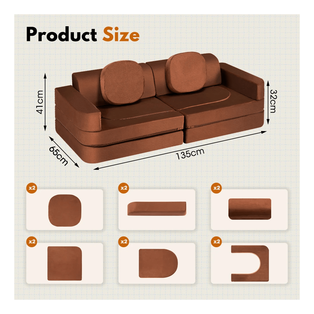 2 Playpals 12PCS Modular Kids Sofa Play Couch DIY Child Foam Playset - Brown, 2 of 3