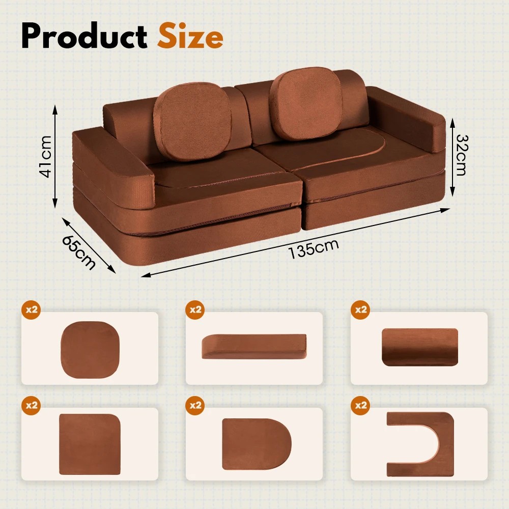 2 Playpals 12PCS Modular Kids Sofa Play Couch DIY Child Foam Playset - Brown, 2 of 3