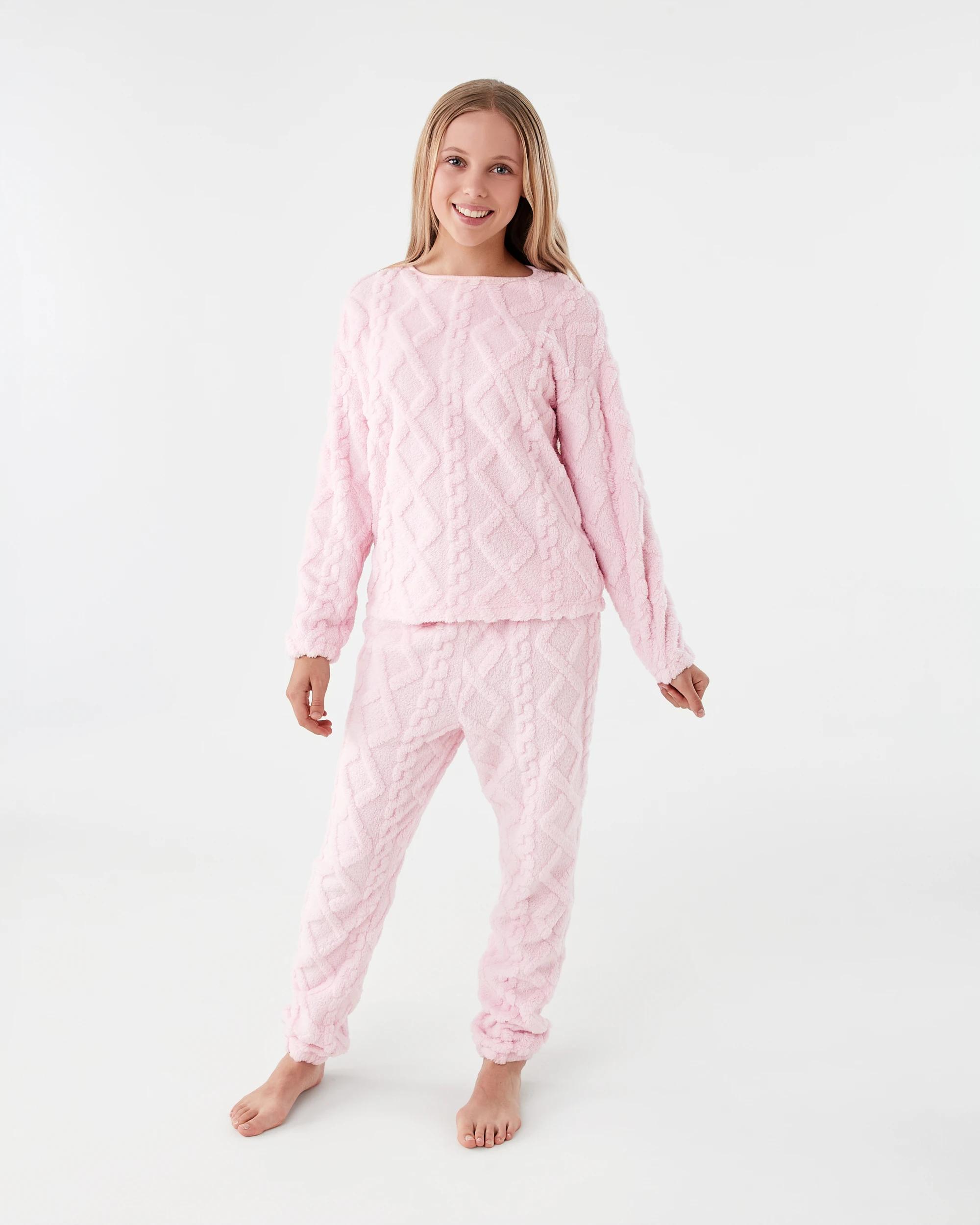 1 Embossed Fluffy Pyjama Set Bllet Pink, 1 of 7