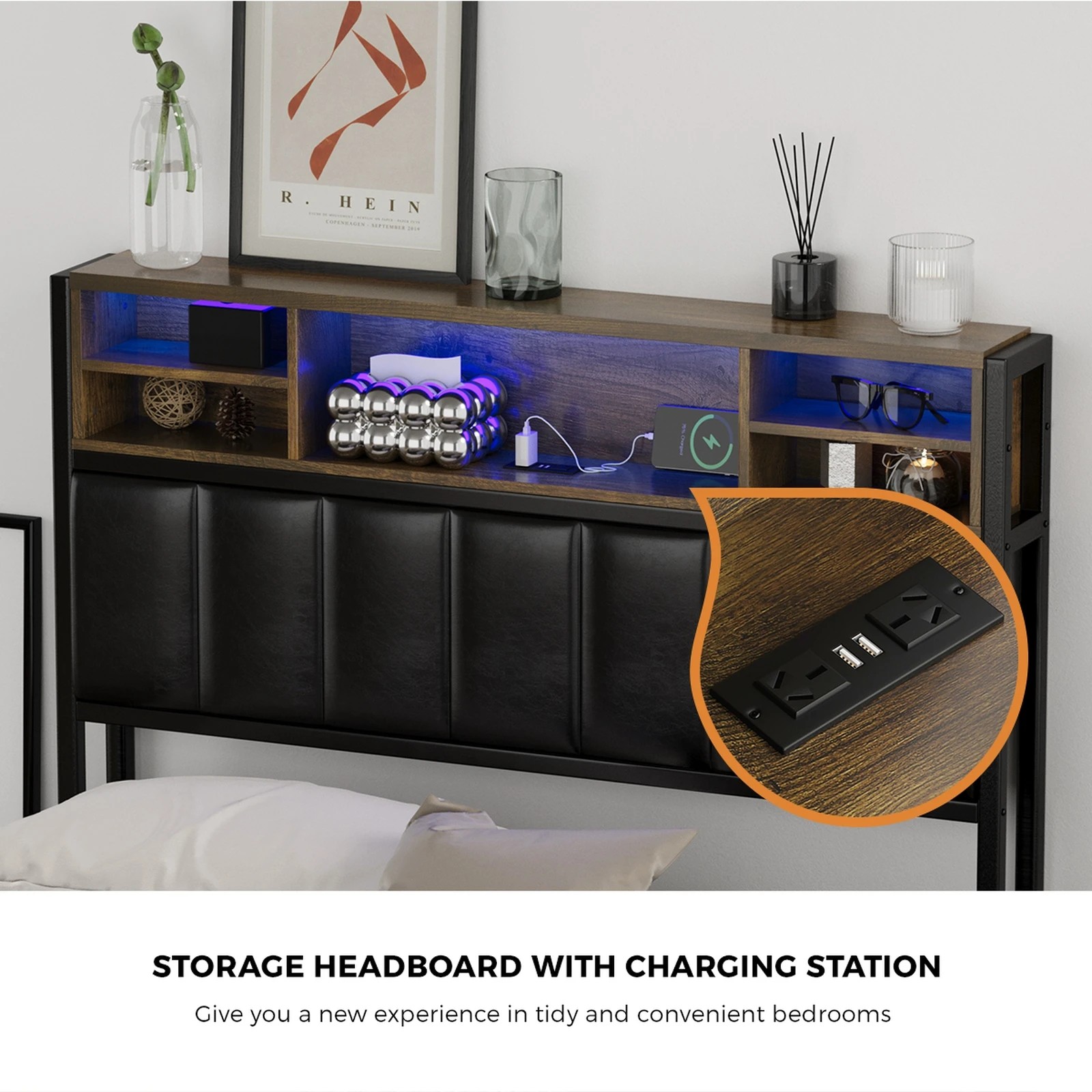 4 Oikiture Bed Frame King Single Size LED Storage Headboard USB Charge 2 Drawers - Black, 4 of 9