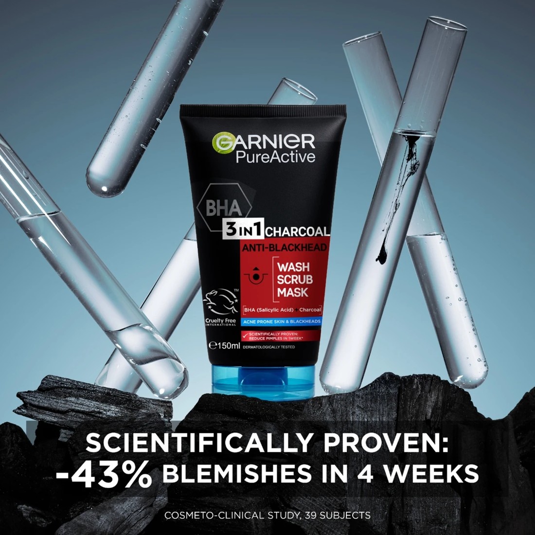 2 Garnier SkinActive PureActive Intensive 3-in-1 Anti-Blackhead Wash, Scrub and Mask 150ml - Charcoal, 2 of 7