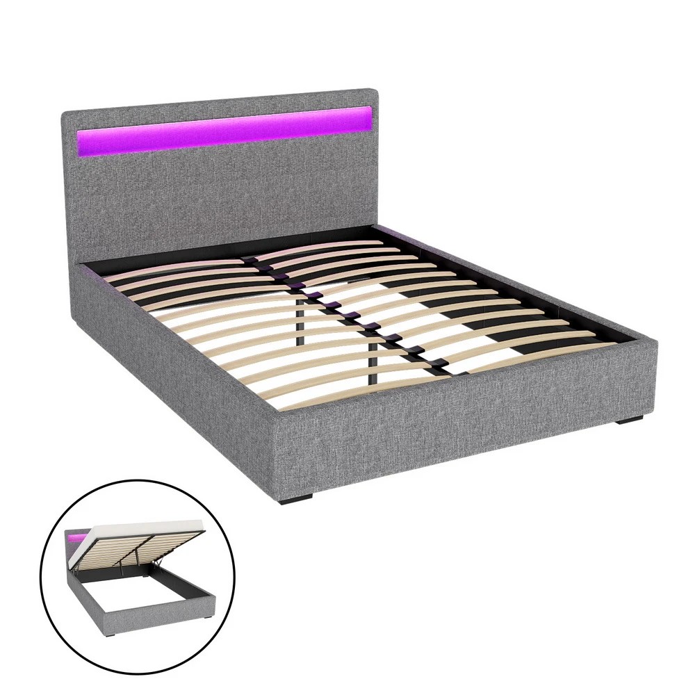 1 Artiss Bed Frame Double Size LED Gas Lift - Grey, 1 of 10