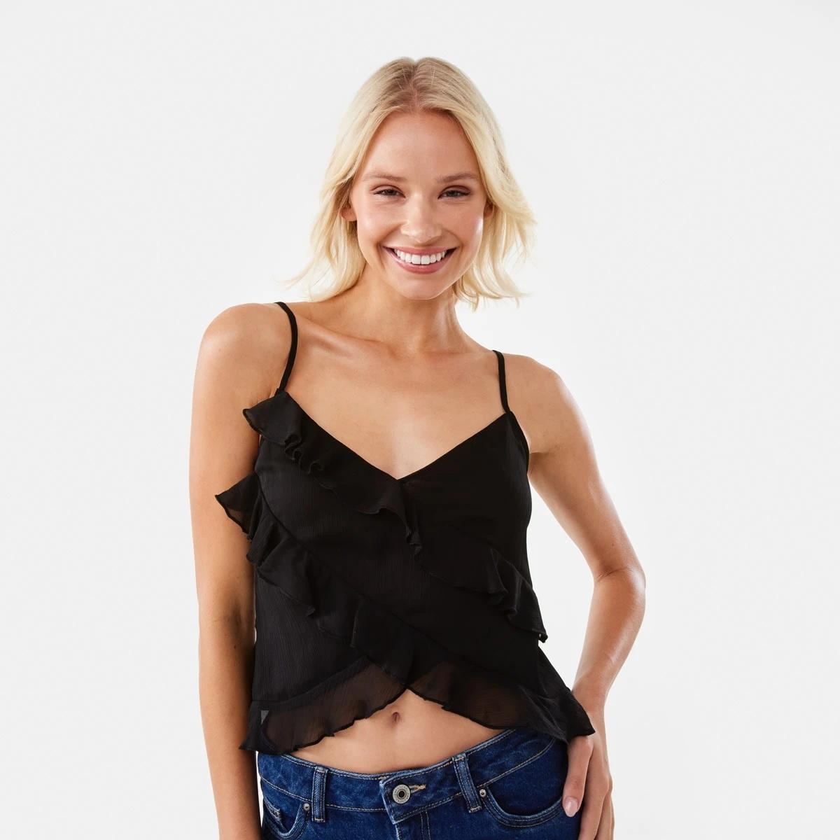 1 Sleeveless Asymmetrical Ruffle Cami Black, 1 of 10